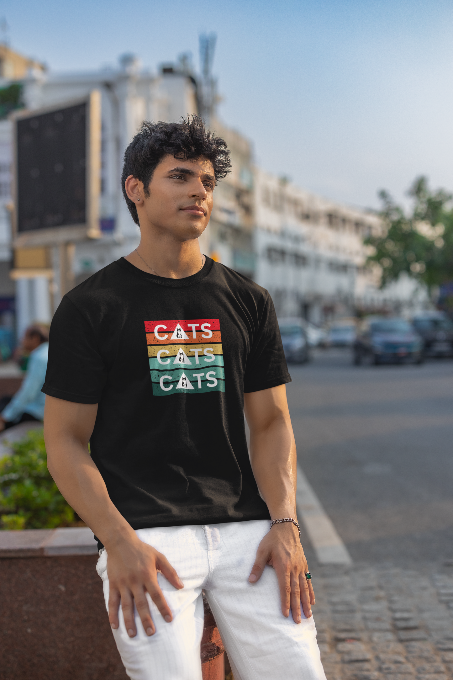 Vintage Sunset Cats T-Shirt - (Retro Cat Graphic Tee, "Triple Cat" Tee for Cat Lovers)