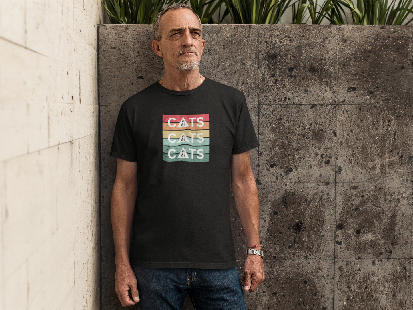 Vintage Sunset Cats T-Shirt - (Retro Cat Graphic Tee, "Triple Cat" Tee for Cat Lovers)