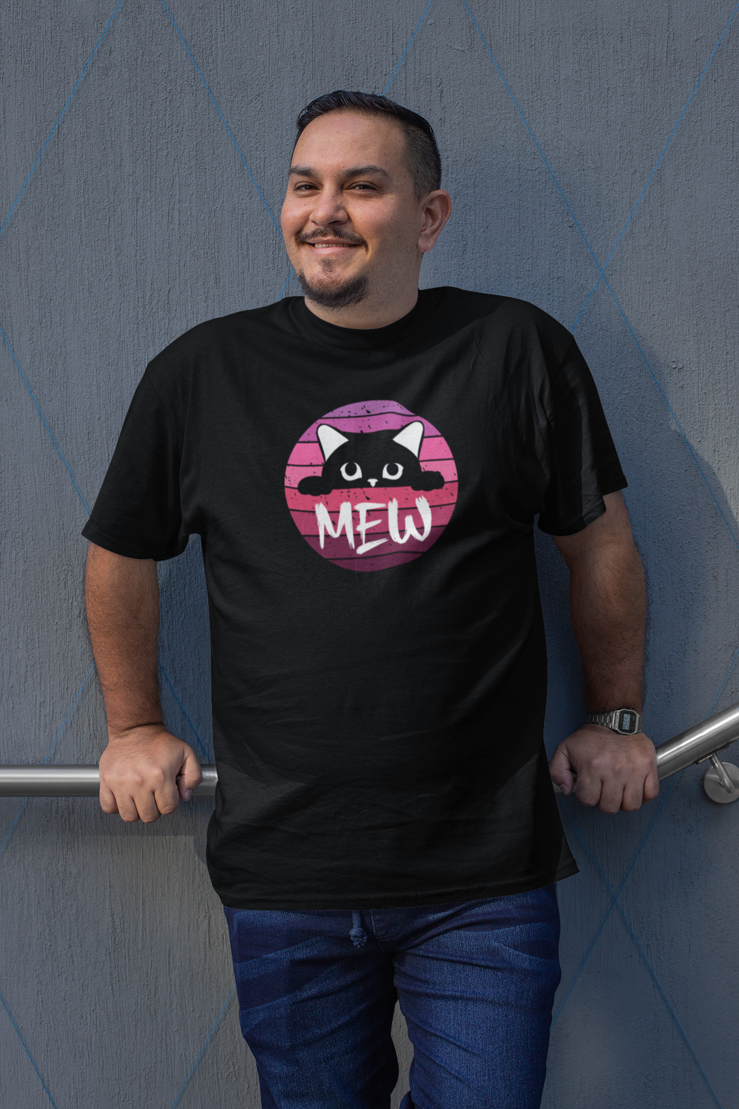 Cute Black Cat "MEW" Graphic Tee - (Pink Vintage Sunset T‑Shirt)