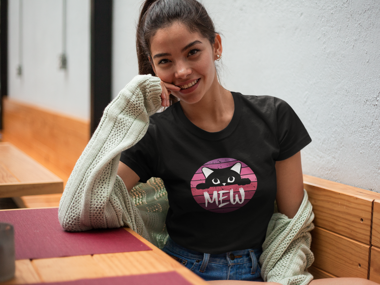 Cute Black Cat "MEW" Graphic Tee - (Pink Vintage Sunset T‑Shirt)