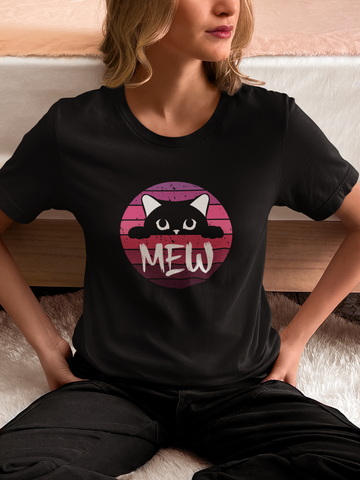 Cute Black Cat "MEW" Graphic Tee - (Pink Vintage Sunset T‑Shirt)