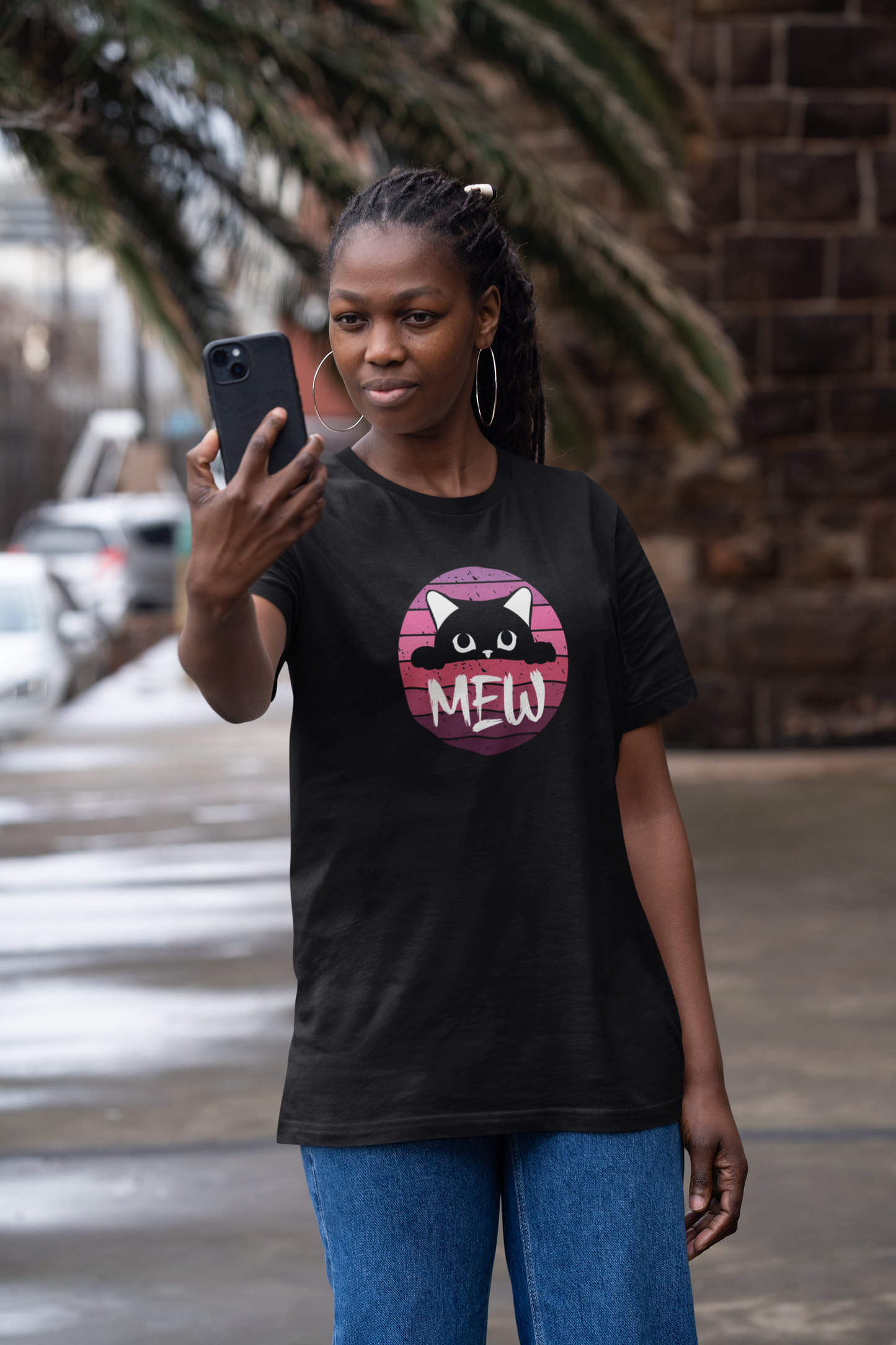 Cute Black Cat "MEW" Graphic Tee - (Pink Vintage Sunset T‑Shirt)
