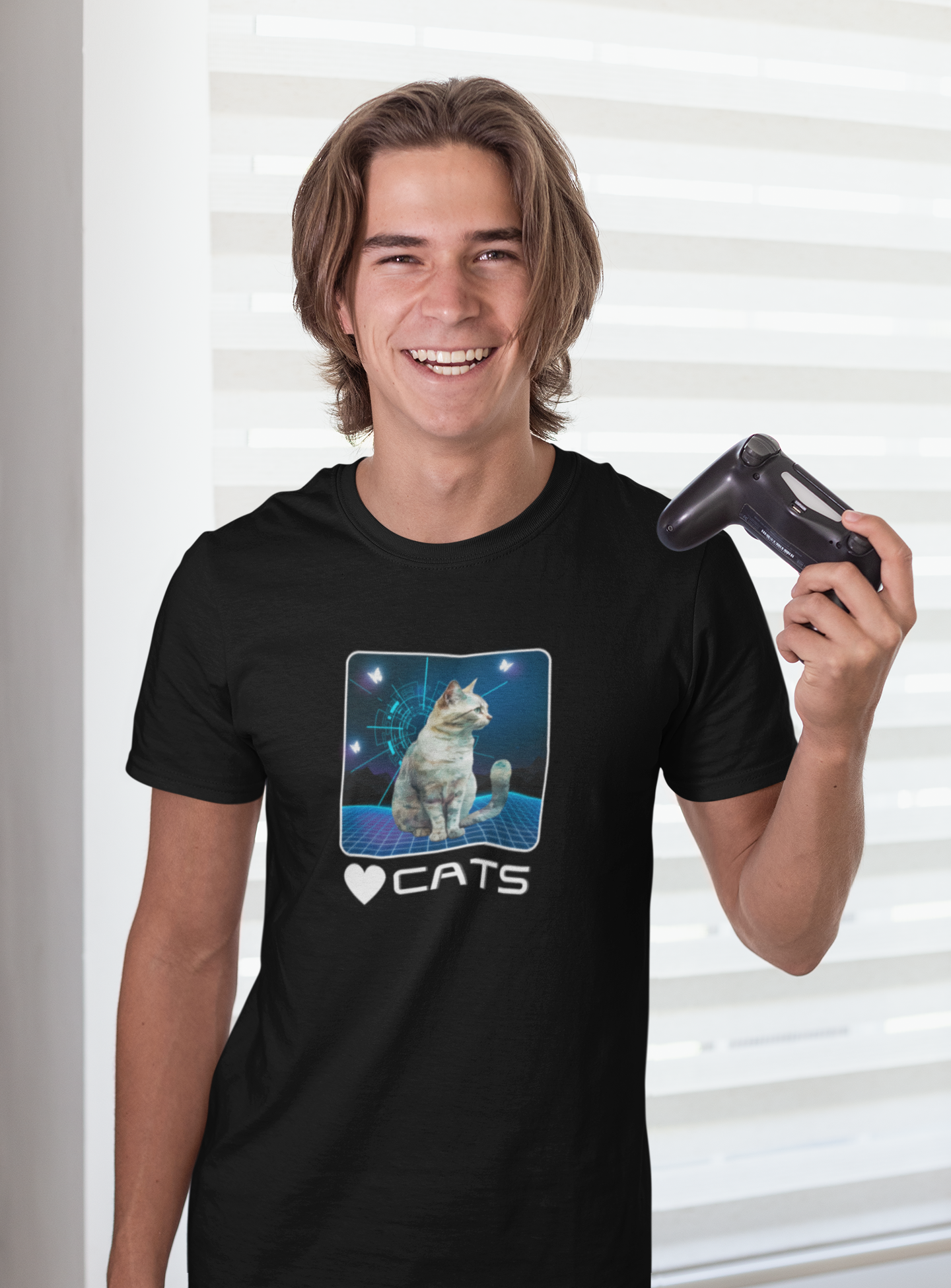 "Heart Cats" or "Love Cats" Retro T‑Shirt  - (Futuristic Vintage Style Fun Cat Tee #1)