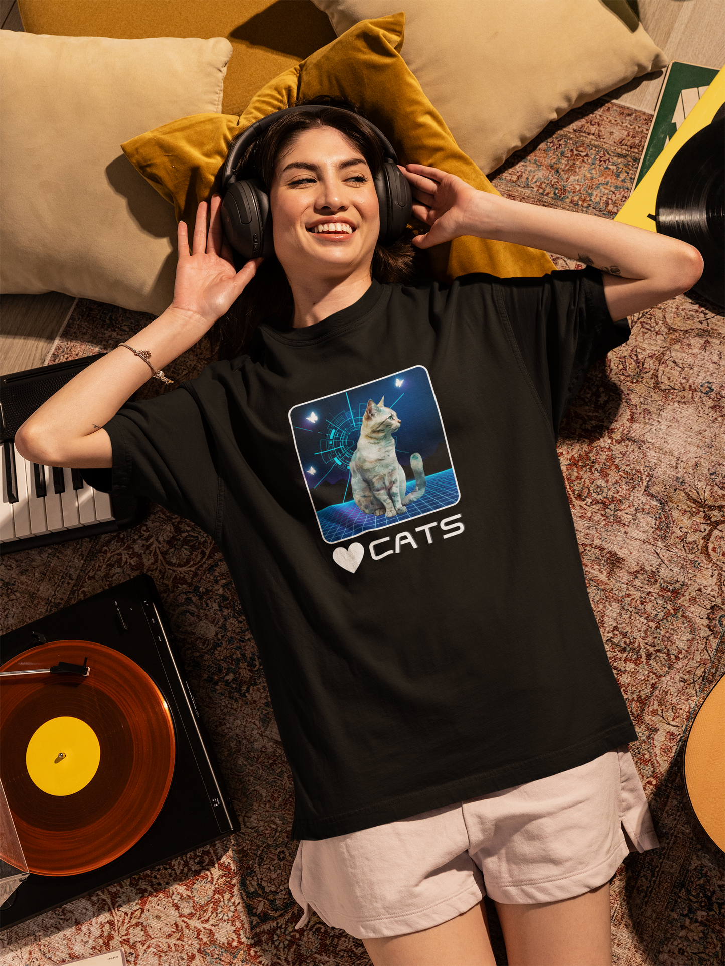 "Heart Cats" or "Love Cats" Retro T‑Shirt  - (Futuristic Vintage Style Fun Cat Tee #1)