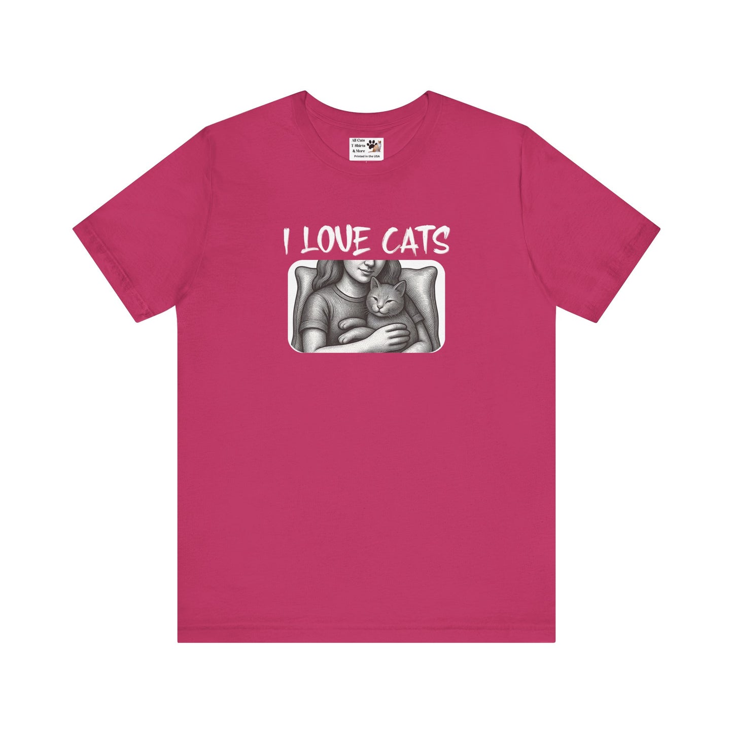 I Love Cats T-Shirt — Cat Lover Graphic Tee with Cozy Cat Cuddle Illustration