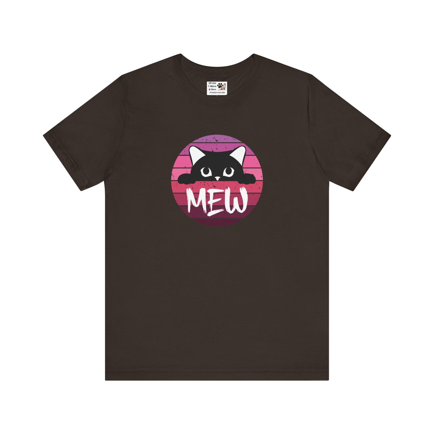 Cute Black Cat "MEW" Graphic Tee - (Pink Vintage Sunset T‑Shirt)