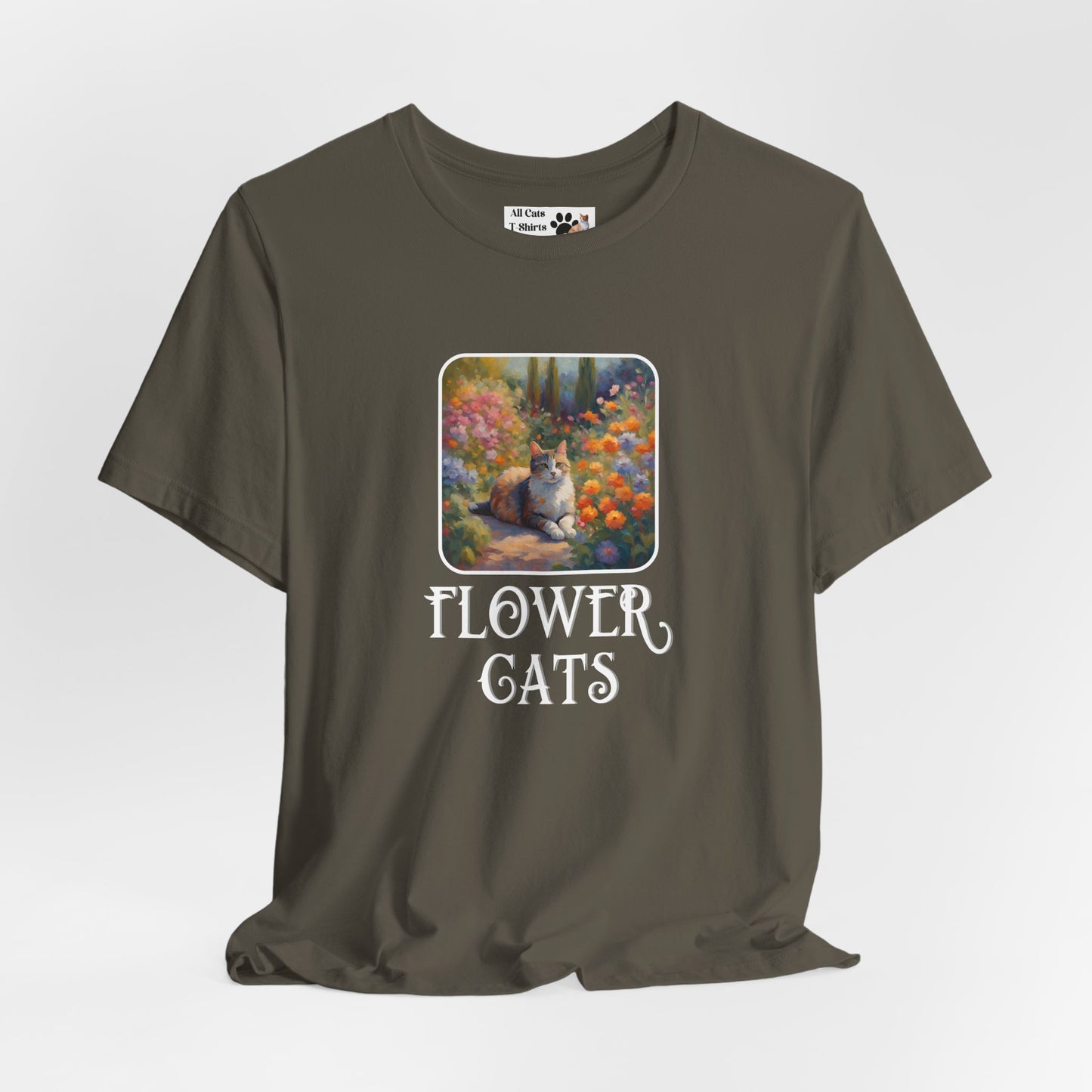 Flower Cats T-Shirt — (Flower Cats Tee #1, Colorful Garden Cat T-Shirt for Cat Fans & Cat Lovers!)