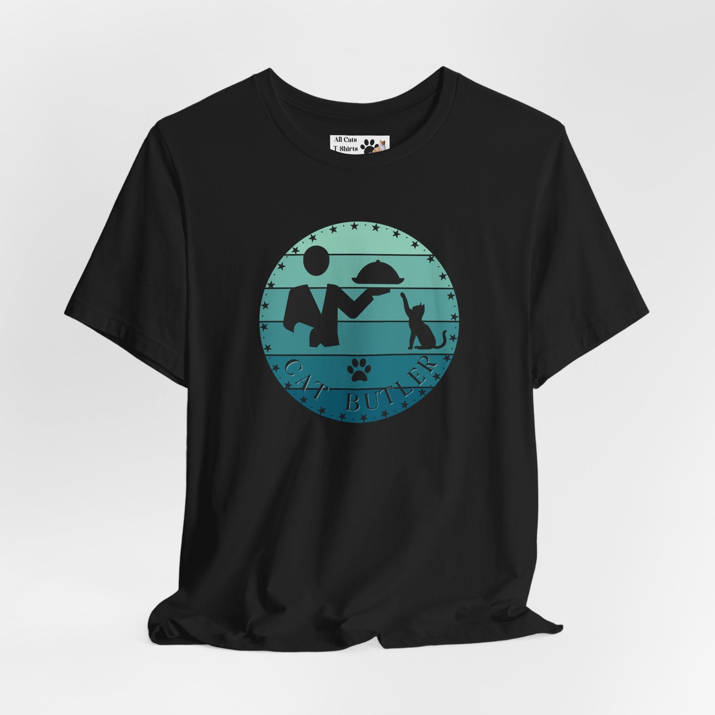 "Cat Butler" T-Shirt - Blue Vintage Sunset Style Graphic - (Unisex Jersey Short Sleeve Tee - Perfect Gift for Cat Lovers!)