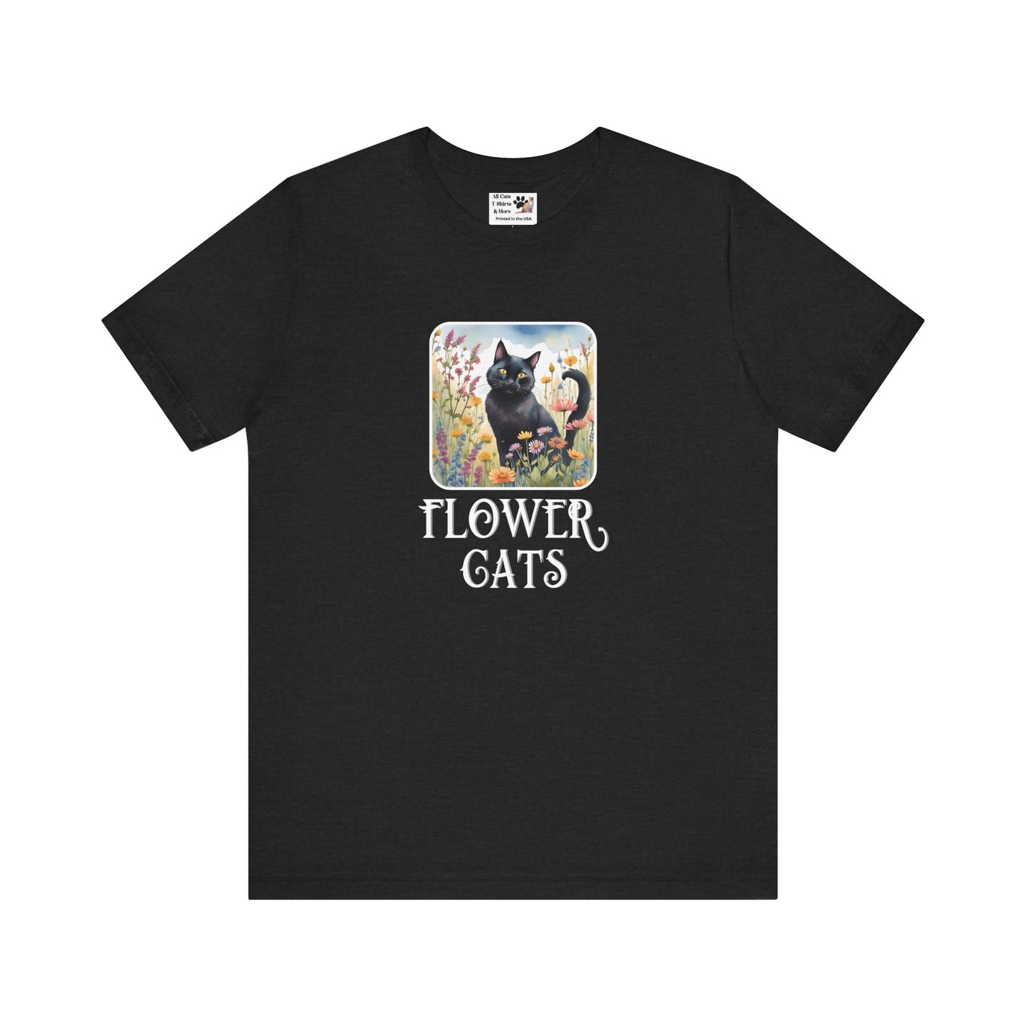 Flower Cats T-Shirt - (Flower Cat Tee #2, Black Cat Garden T-Shirt  - Whimsical Floral Cat Tee for Cat Lovers)