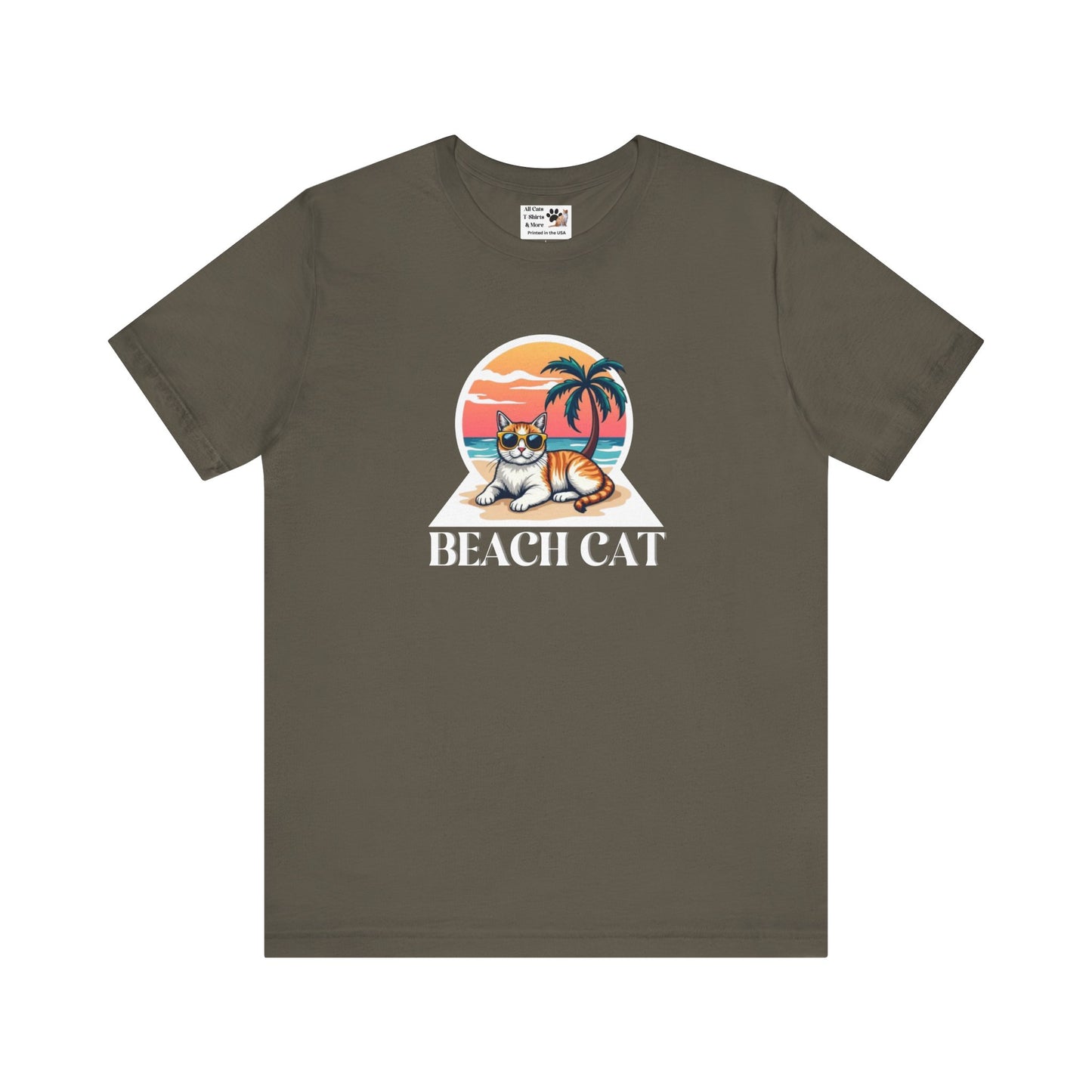Beach Cat T-Shirt - (Retro Sunset Graphic Tee for Cat Fans)