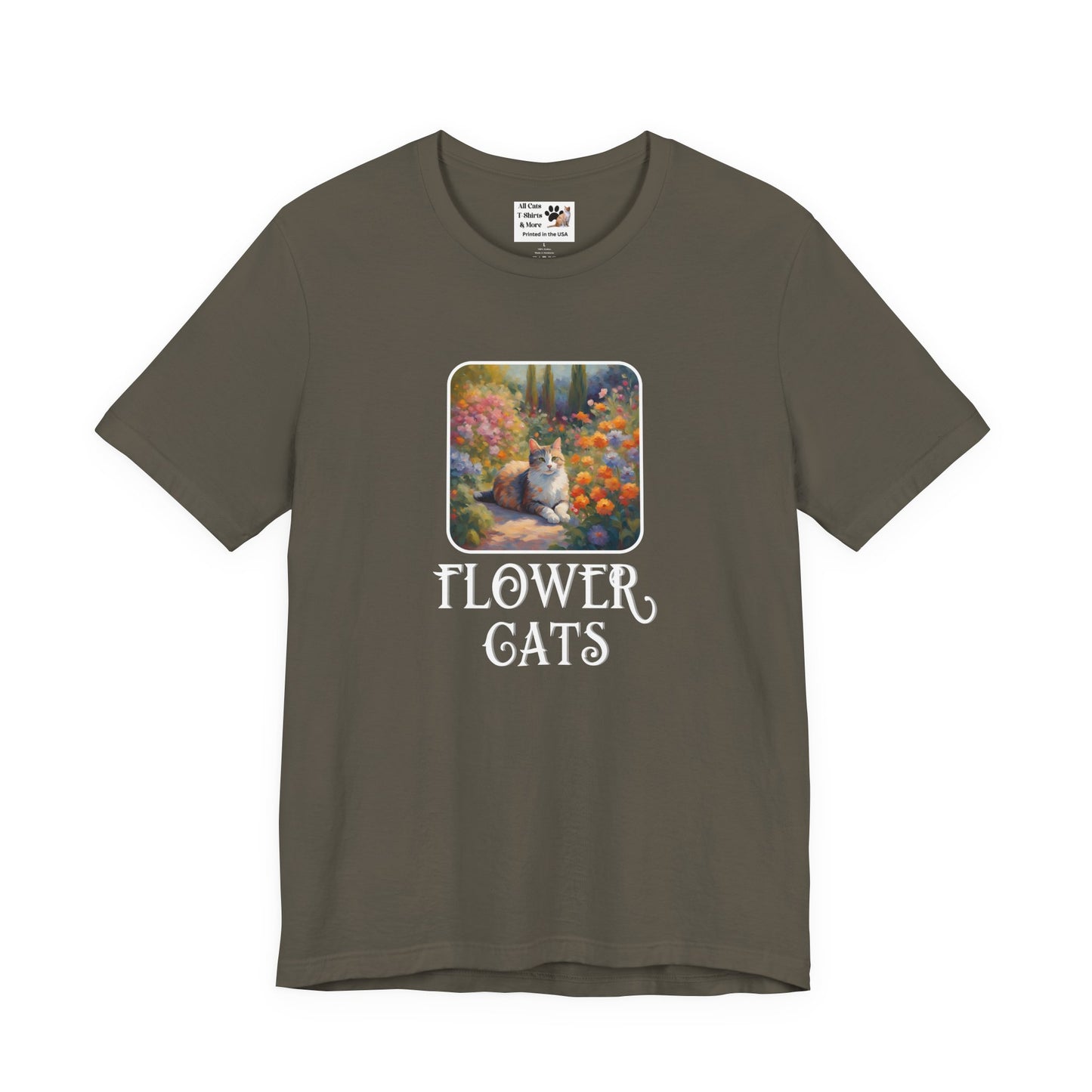 Flower Cats T-Shirt — (Flower Cats Tee #1, Colorful Garden Cat T-Shirt for Cat Fans & Cat Lovers!)