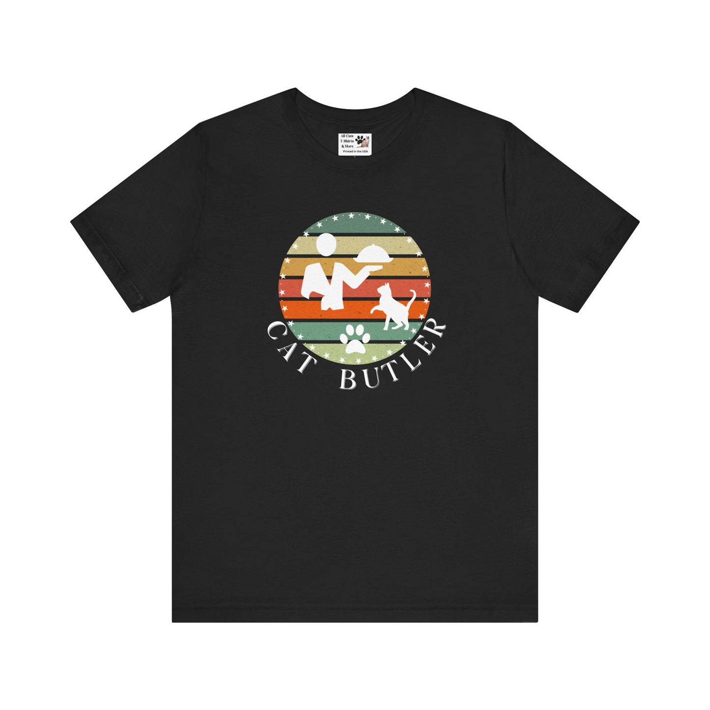 "Cat Butler" T-Shirt - With Vintage Sunset Style Graphic - (Unisex Jersey Short Sleeve Tee - Perfect Gift for Cat Lovers!)
