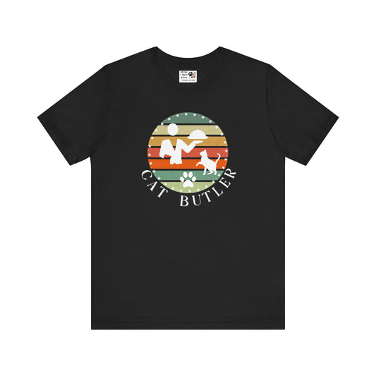 "Cat Butler" T-Shirt - With Vintage Sunset Style Graphic - (Unisex Jersey Short Sleeve Tee - Perfect Gift for Cat Lovers!)