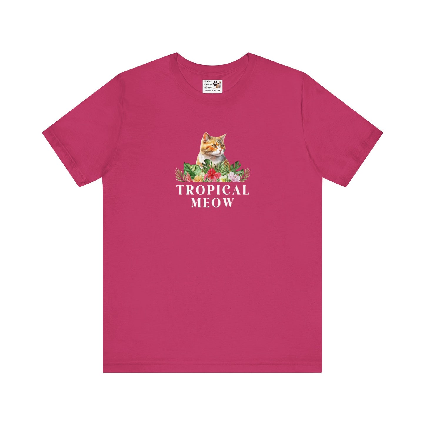 Tropical Meow Cat T-Shirt - (Cute Floral Cat Tee, Tropical Meow #2 No Background)