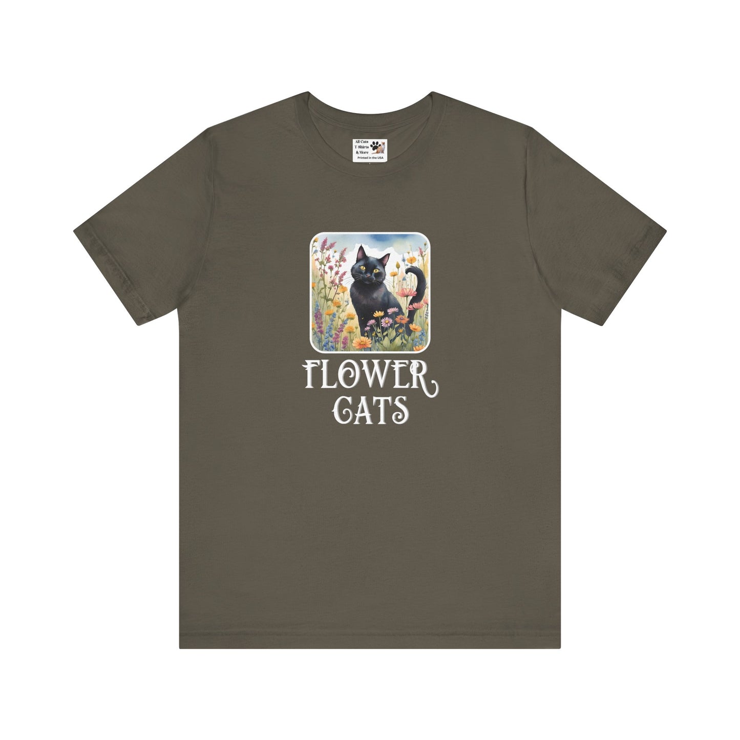 Flower Cats T-Shirt - (Flower Cat Tee #2, Black Cat Garden T-Shirt  - Whimsical Floral Cat Tee for Cat Lovers)
