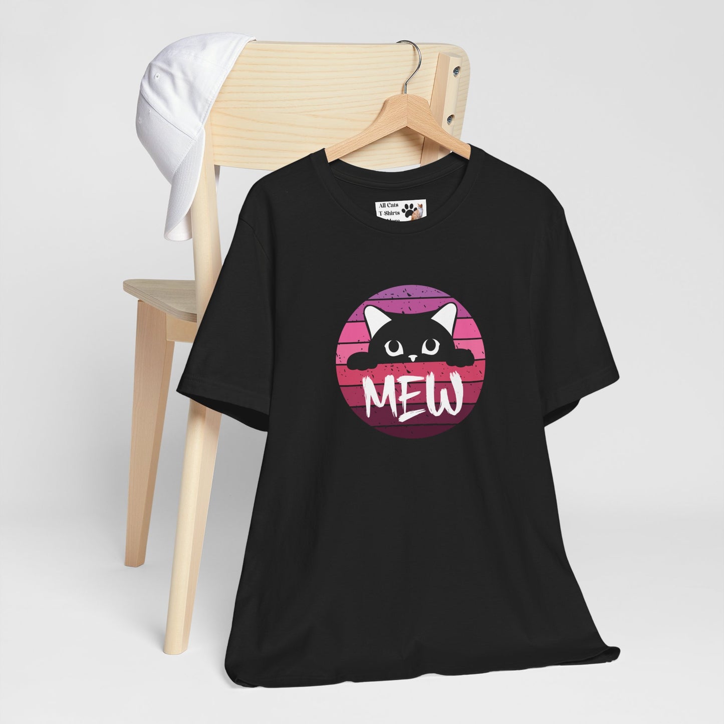 Cute Black Cat "MEW" Graphic Tee - (Pink Vintage Sunset T‑Shirt)