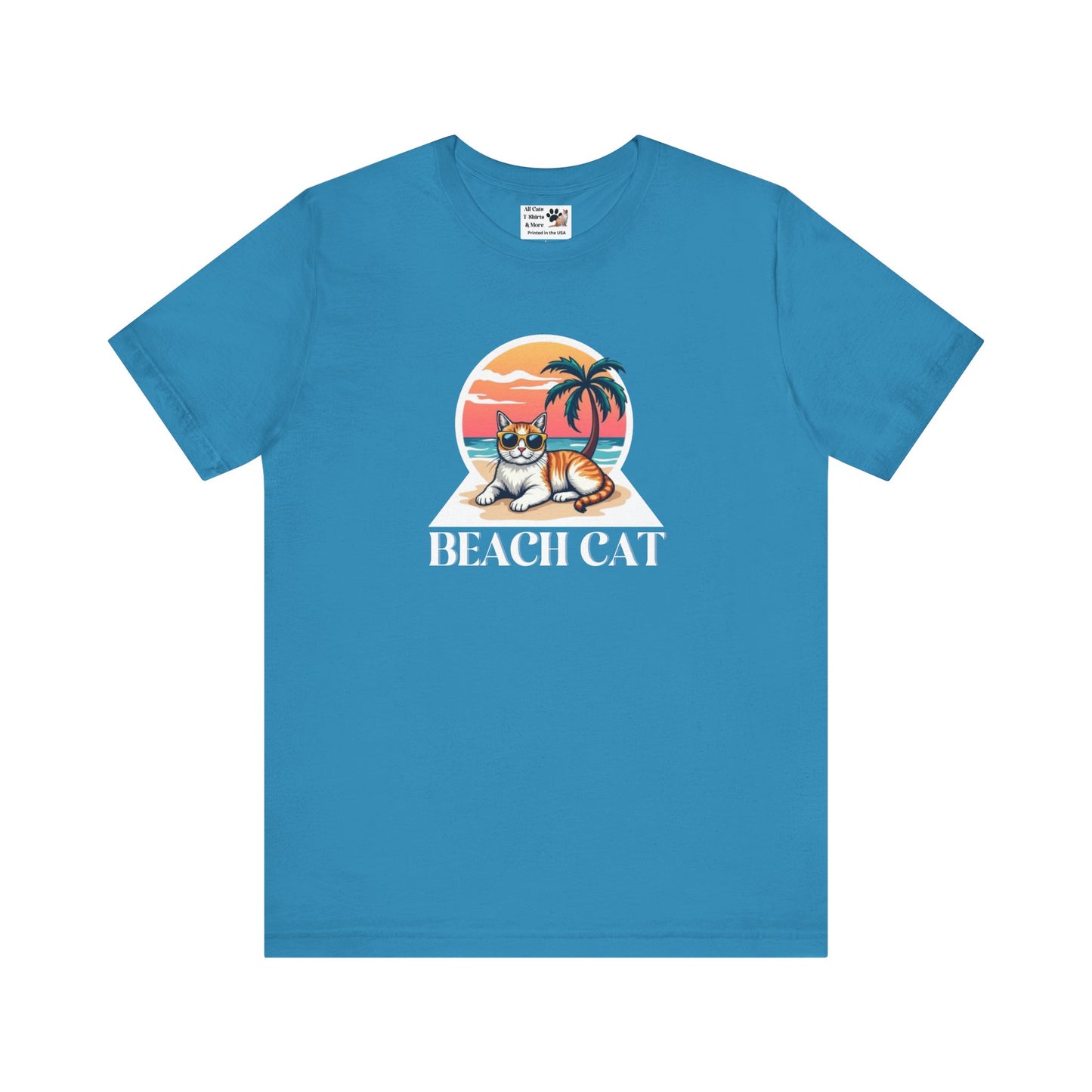 Beach Cat T-Shirt - (Retro Sunset Graphic Tee for Cat Fans)
