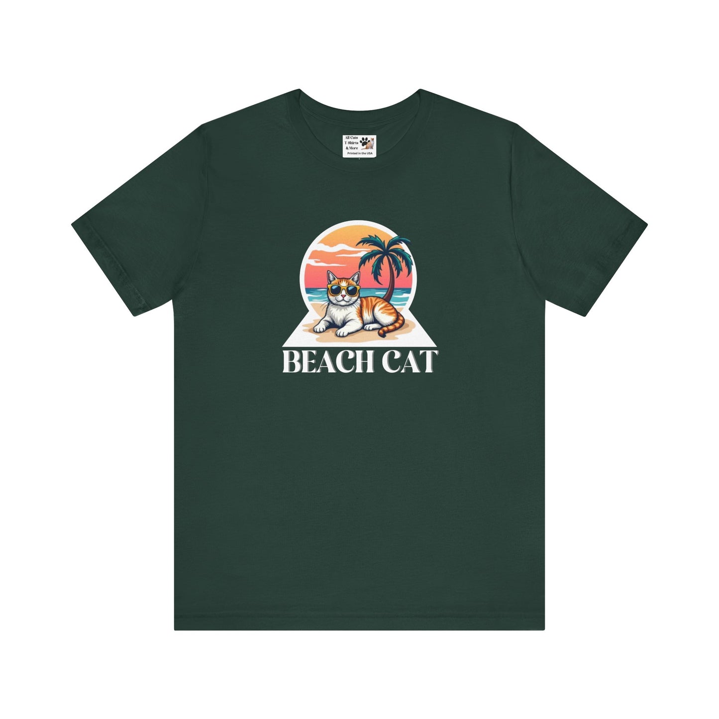 Beach Cat T-Shirt - (Retro Sunset Graphic Tee for Cat Fans)