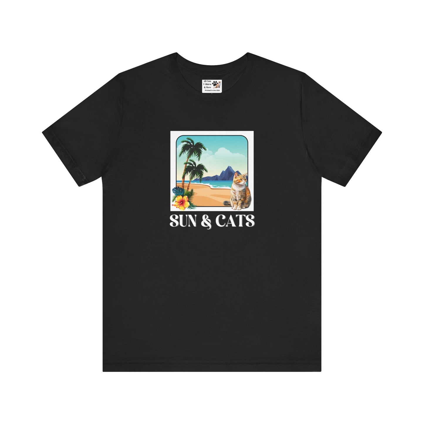 Sun & Cats Beach T-Shirt - (Retro Tropical Cat Graphic Tee for Cat Fans)