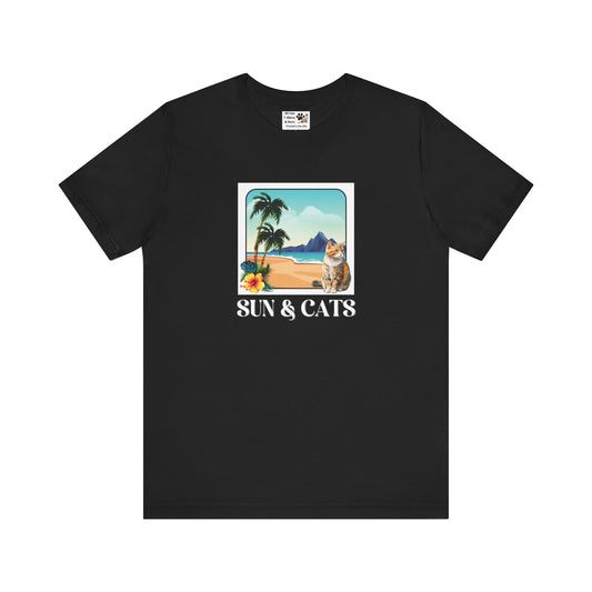 Sun & Cats Beach T-Shirt - (Retro Tropical Cat Graphic Tee for Cat Fans)