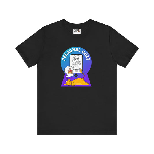 Personal Chef for Cats T-Shirt - (#12 - Orange Cat & Chef Blue Purple Design - Unisex Jersey Tee – Perfect for Cat Care Givers!)