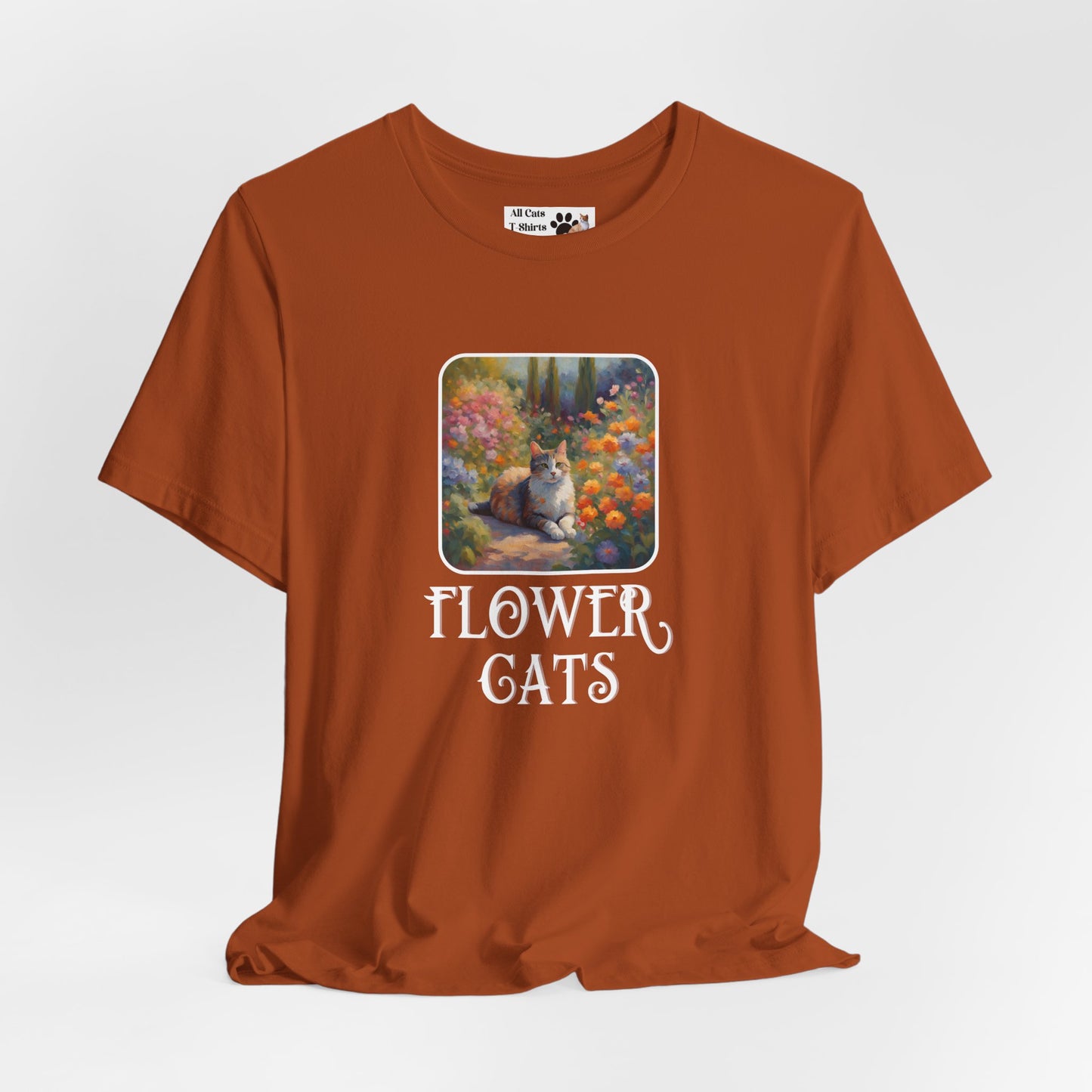 Flower Cats T-Shirt — (Flower Cats Tee #1, Colorful Garden Cat T-Shirt for Cat Fans & Cat Lovers!)