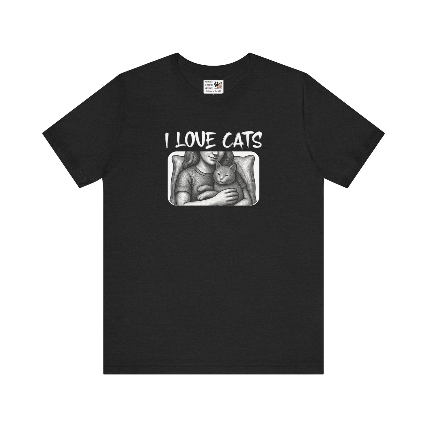 I Love Cats T-Shirt — Cat Lover Graphic Tee with Cozy Cat Cuddle Illustration