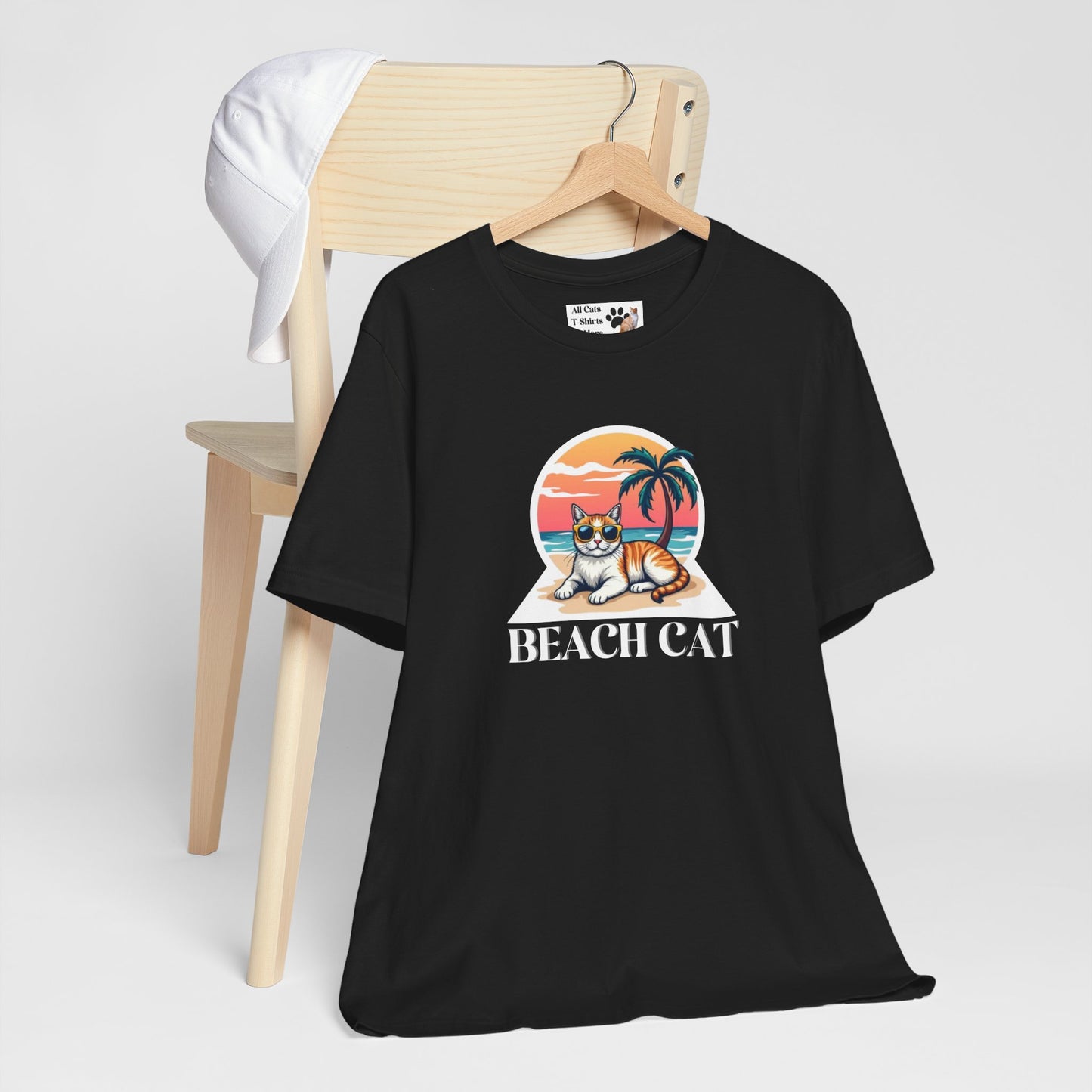 Beach Cat T-Shirt - (Retro Sunset Graphic Tee for Cat Fans)