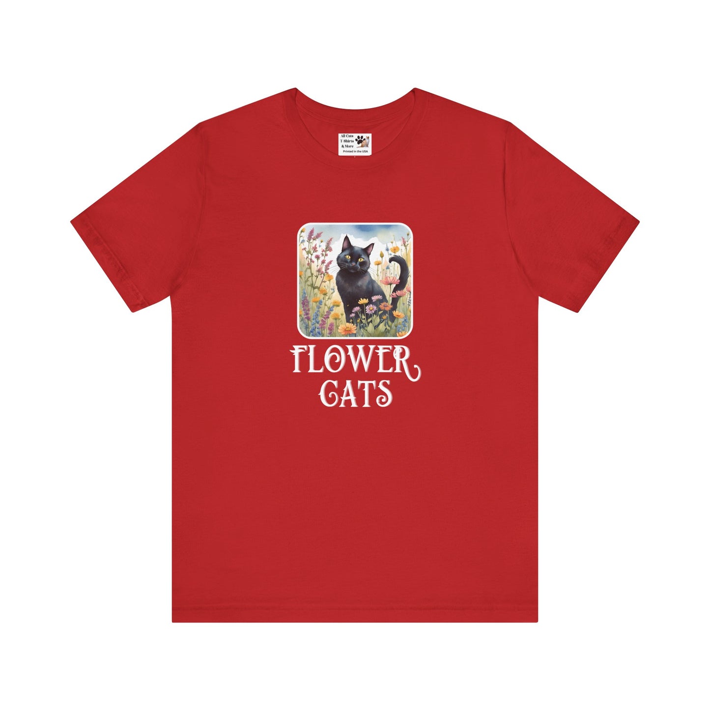 Flower Cats T-Shirt - (Flower Cat Tee #2, Black Cat Garden T-Shirt  - Whimsical Floral Cat Tee for Cat Lovers)