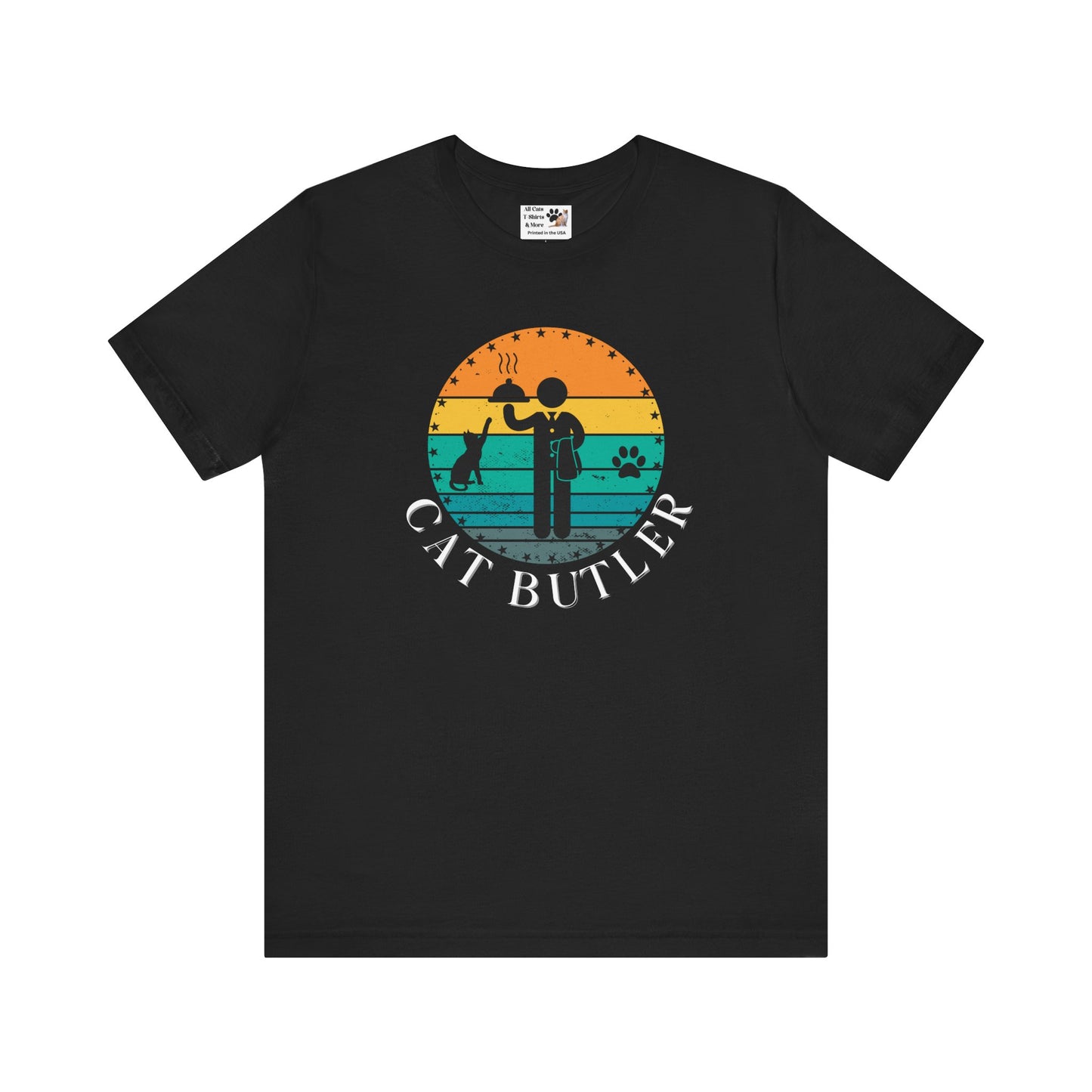 Cat Butler T-Shirt - (A Colorful "Vintage Sunset Style" Design, Unisex Short Sleeve Tee - Perfect for Cat Parents!)