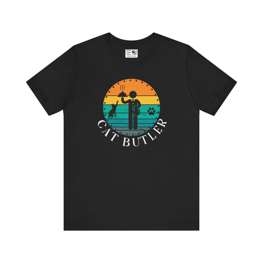 Cat Butler T-Shirt - (A Colorful "Vintage Sunset Style" Design, Unisex Short Sleeve Tee - Perfect for Cat Parents!)