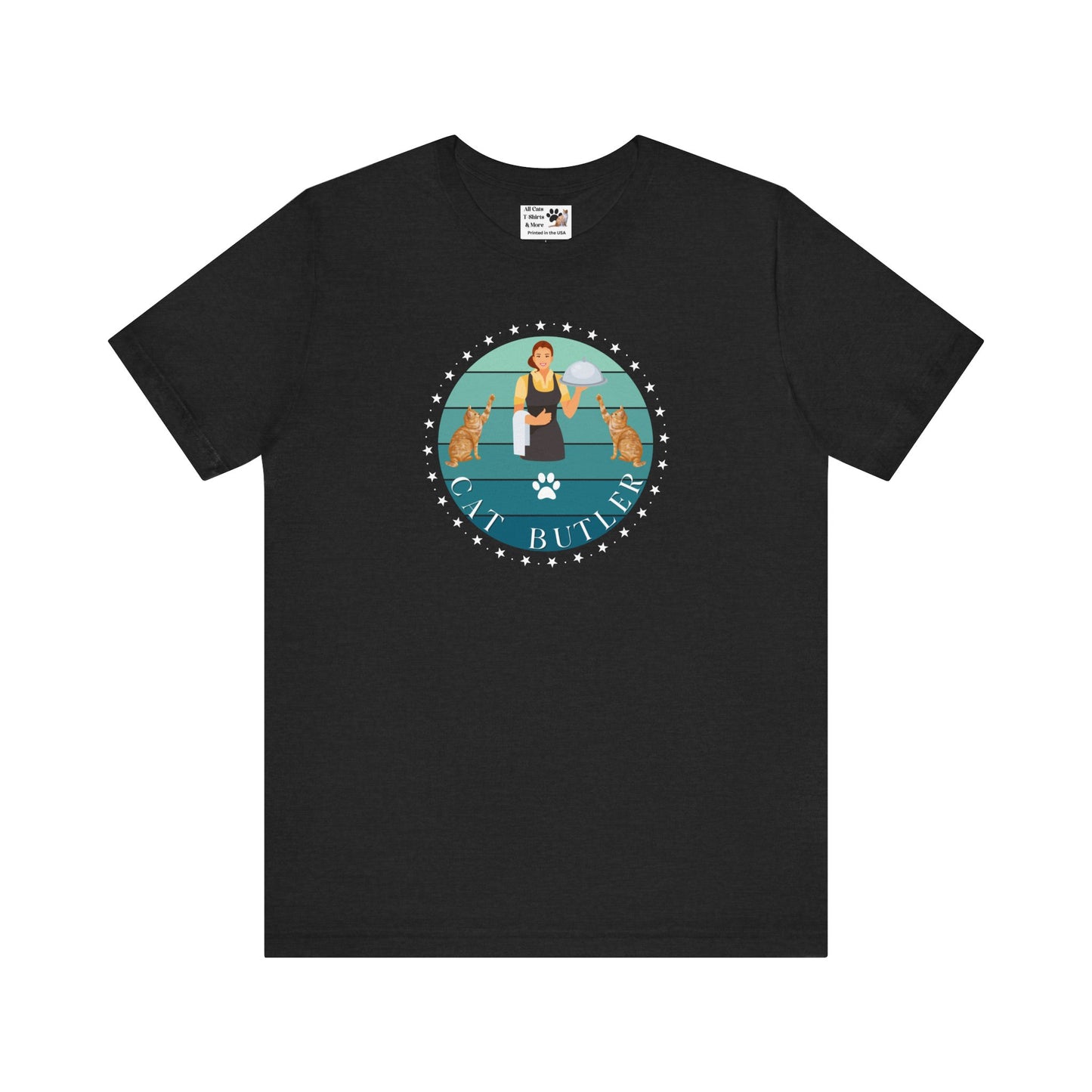 "Cat Butler" T-Shirt - With Vintage Sunset Style Graphic [Double Cats & Woman] - (Unisex Jersey Short Sleeve Tee - Perfect Gift for Cat Lovers!)