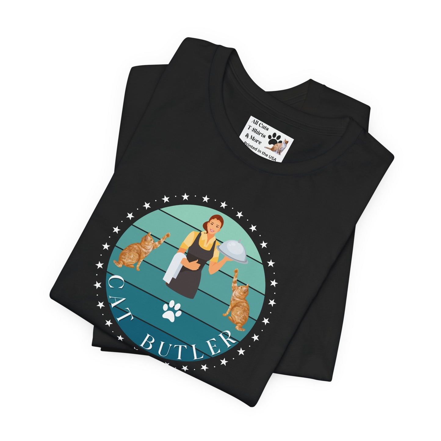"Cat Butler" T-Shirt - With Vintage Sunset Style Graphic [Double Cats & Woman] - (Unisex Jersey Short Sleeve Tee - Perfect Gift for Cat Lovers!)