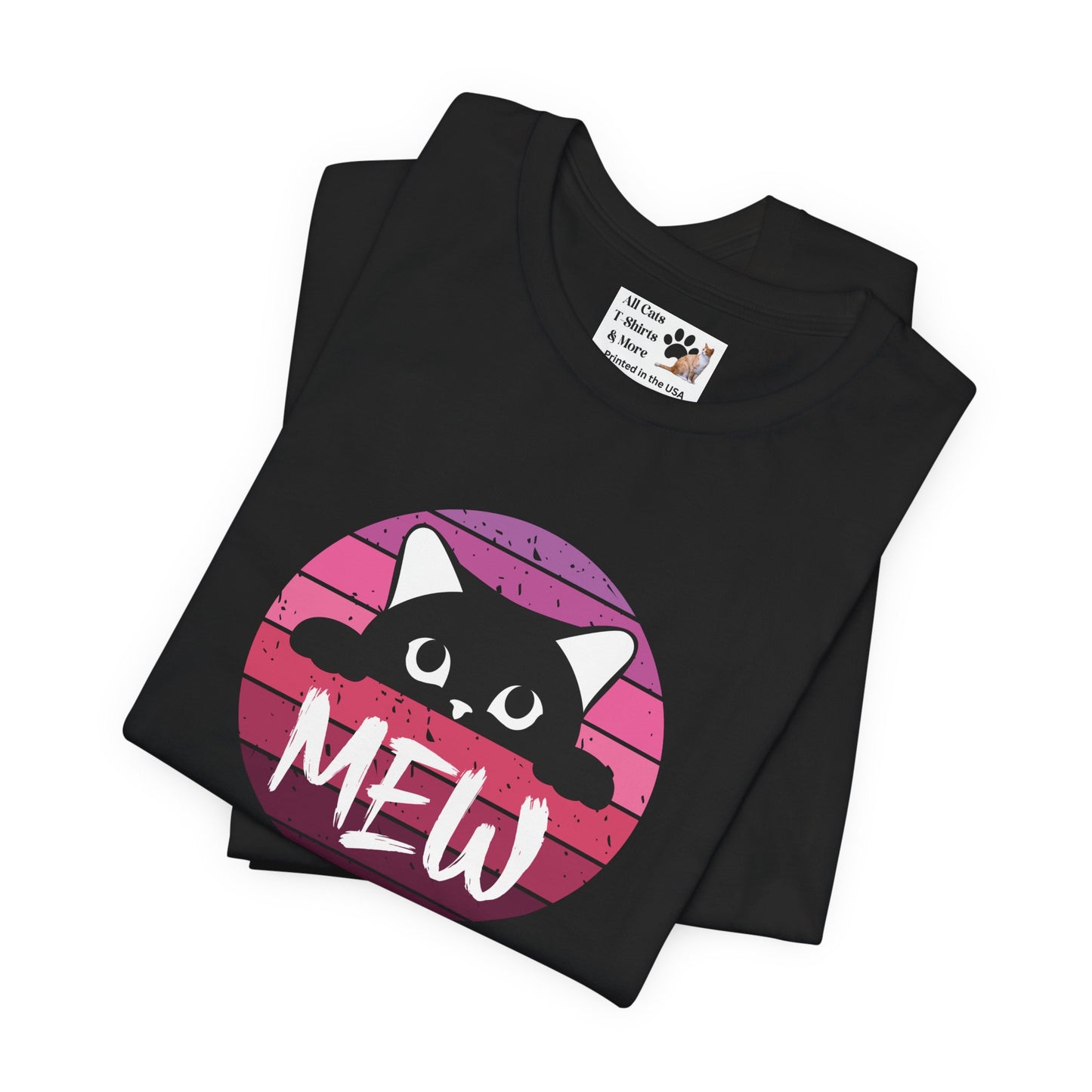 Cute Black Cat "MEW" Graphic Tee - (Pink Vintage Sunset T‑Shirt)