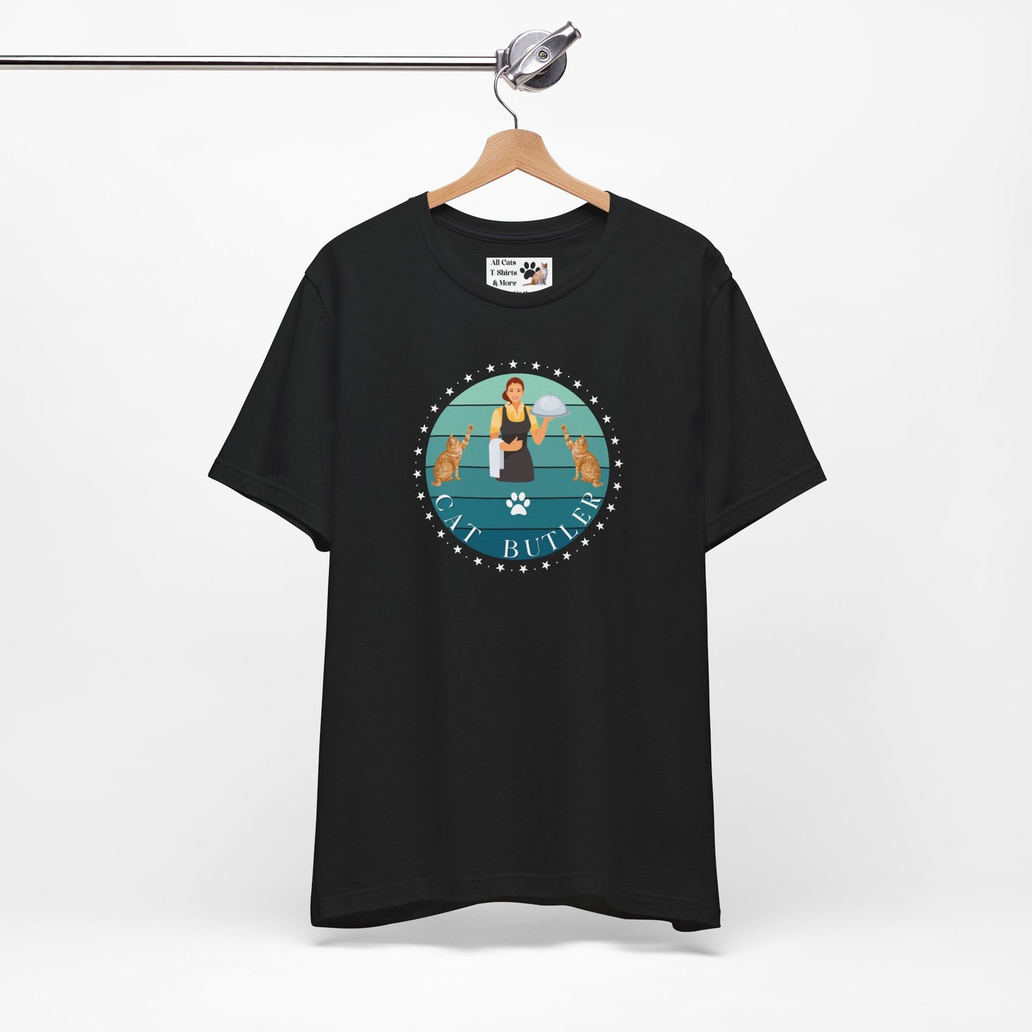 "Cat Butler" T-Shirt - With Vintage Sunset Style Graphic [Double Cats & Woman] - (Unisex Jersey Short Sleeve Tee - Perfect Gift for Cat Lovers!)