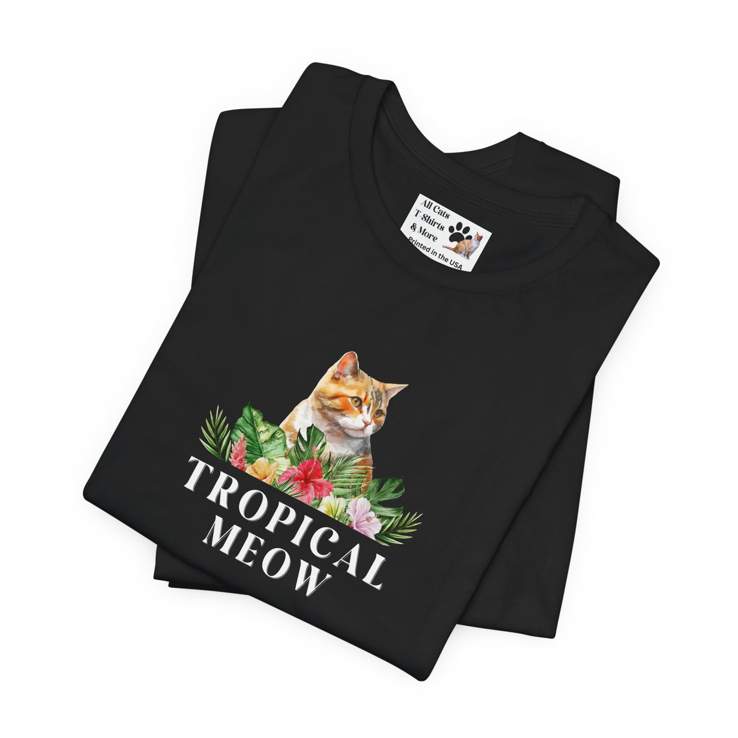 Tropical Meow Cat T-Shirt - (Cute Floral Cat Tee, Tropical Meow #2 No Background)
