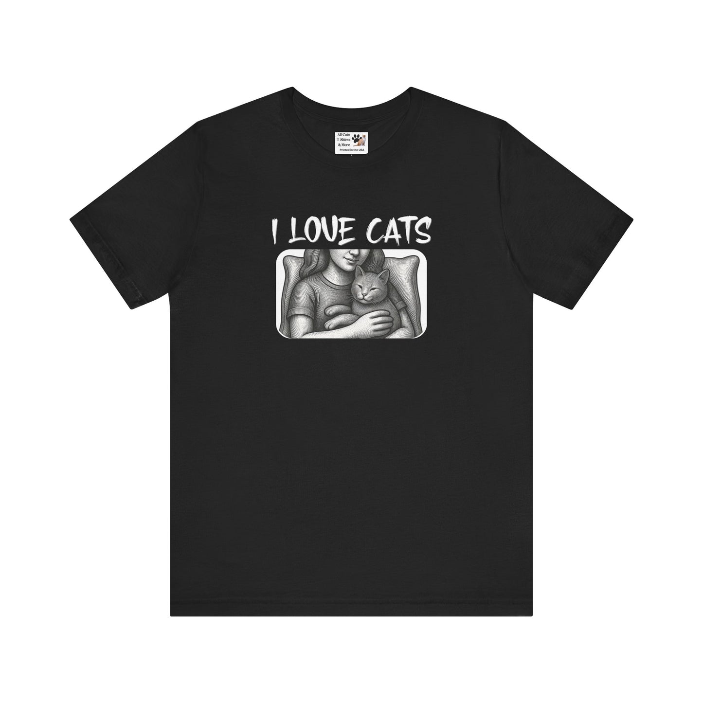 I Love Cats T-Shirt — Cat Lover Graphic Tee with Cozy Cat Cuddle Illustration