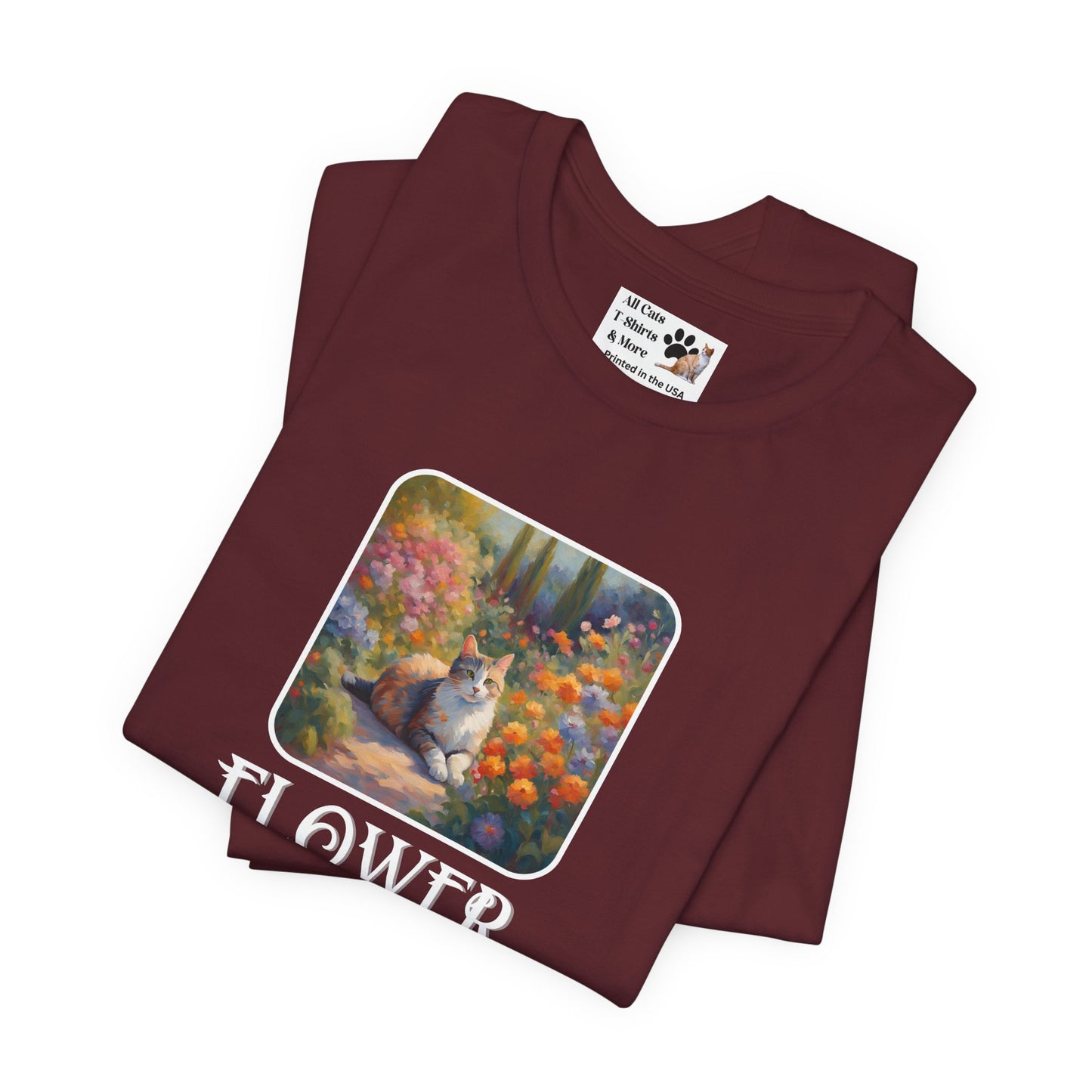 Flower Cats T-Shirt — (Flower Cats Tee #1, Colorful Garden Cat T-Shirt for Cat Fans & Cat Lovers!)