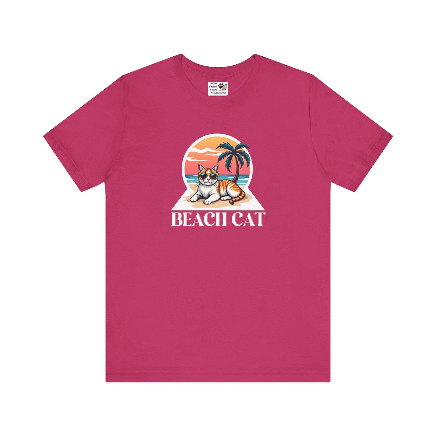 Beach Cat T-Shirt - (Retro Sunset Graphic Tee for Cat Fans)