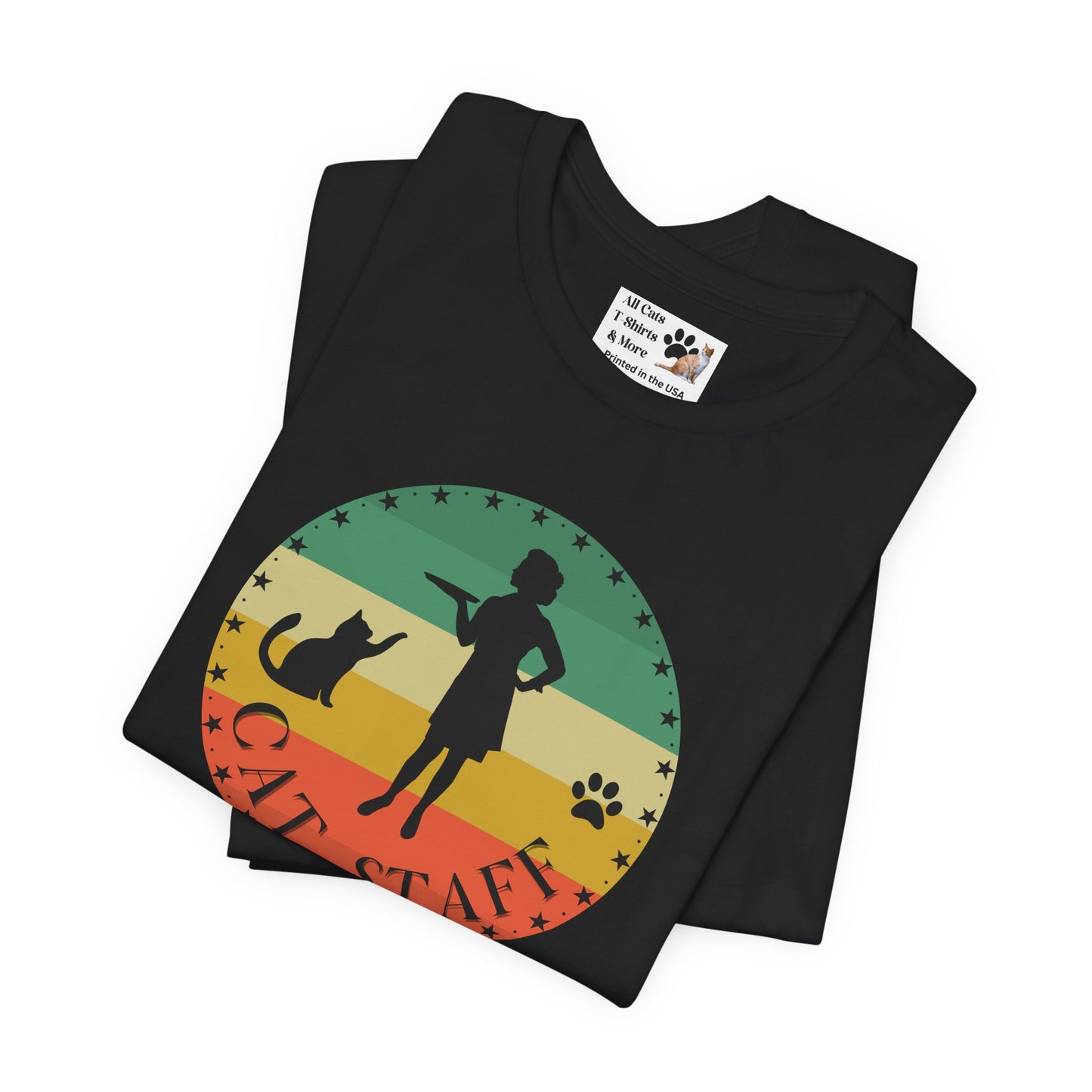 Cat Staff T-Shirt - (Vintage Sunset Style Design - Unisex Jersey Tee - Perfect Gift for Cat Lovers)