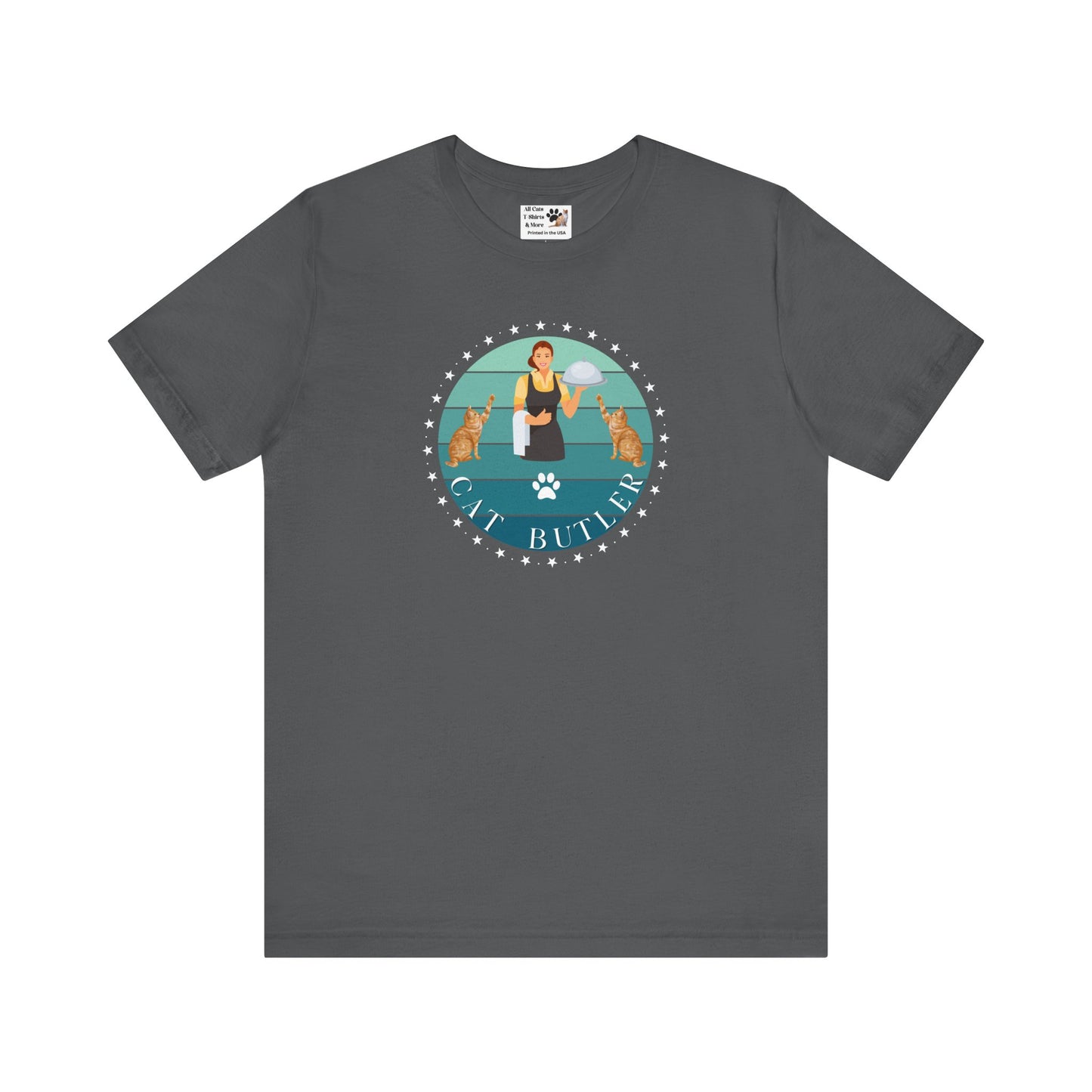 "Cat Butler" T-Shirt - With Vintage Sunset Style Graphic [Double Cats & Woman] - (Unisex Jersey Short Sleeve Tee - Perfect Gift for Cat Lovers!)