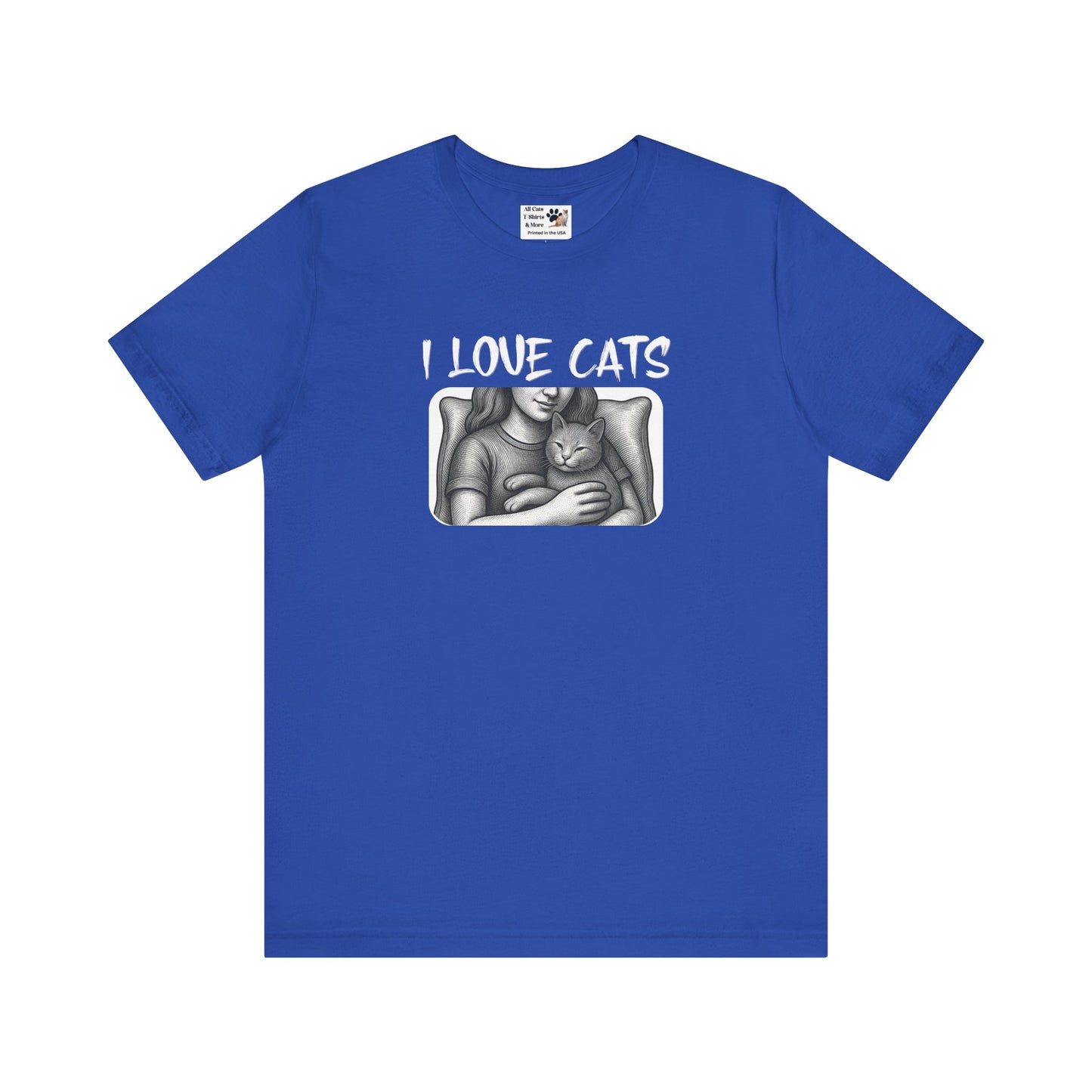 I Love Cats T-Shirt — Cat Lover Graphic Tee with Cozy Cat Cuddle Illustration