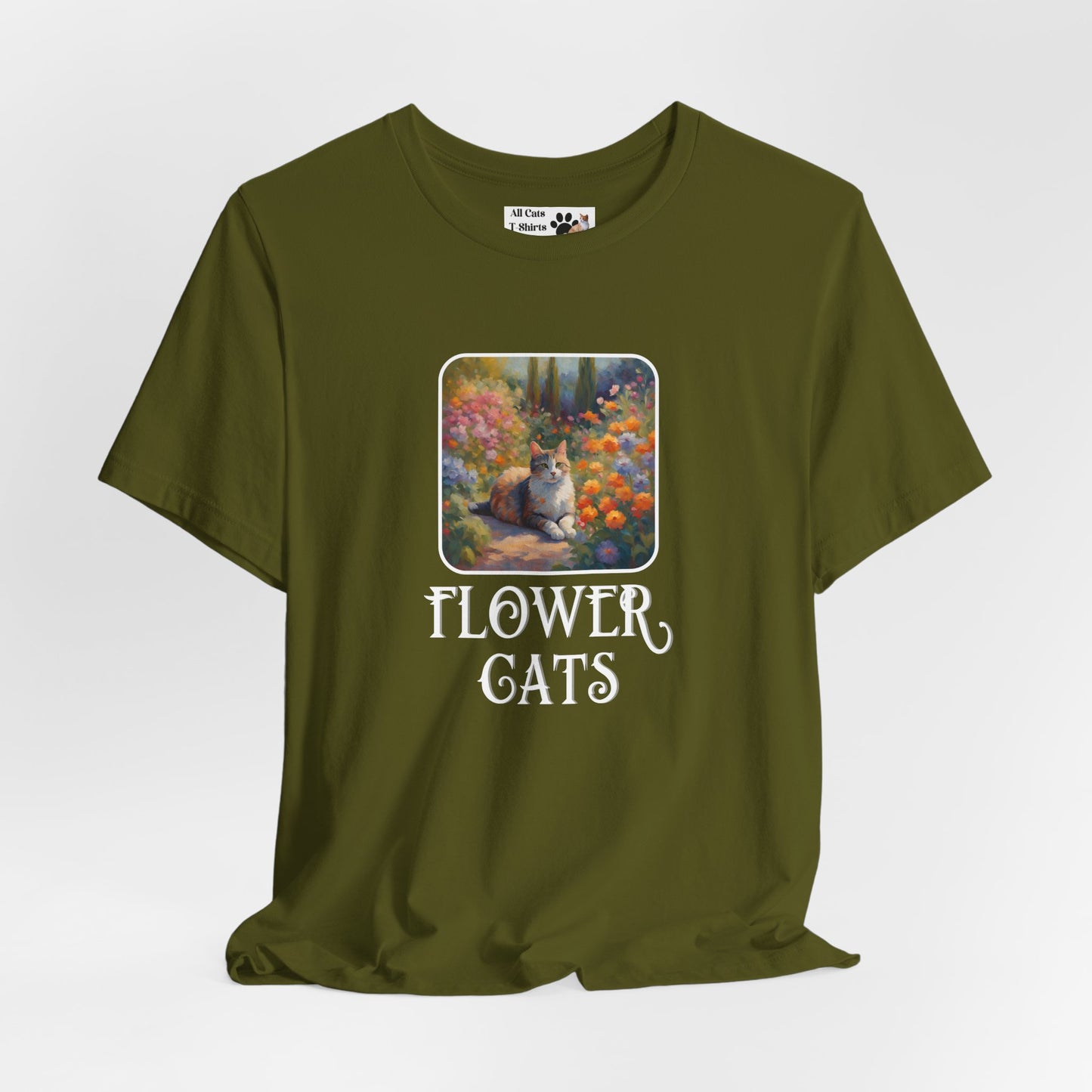Flower Cats T-Shirt — (Flower Cats Tee #1, Colorful Garden Cat T-Shirt for Cat Fans & Cat Lovers!)