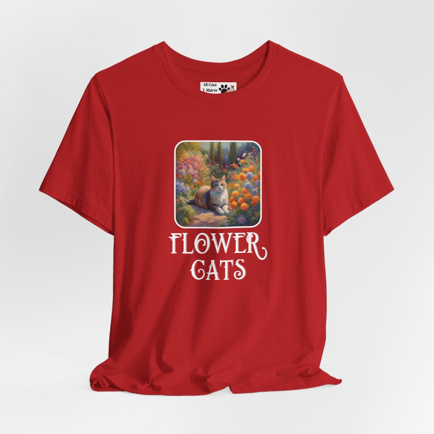Flower Cats T-Shirt — (Flower Cats Tee #1, Colorful Garden Cat T-Shirt for Cat Fans & Cat Lovers!)