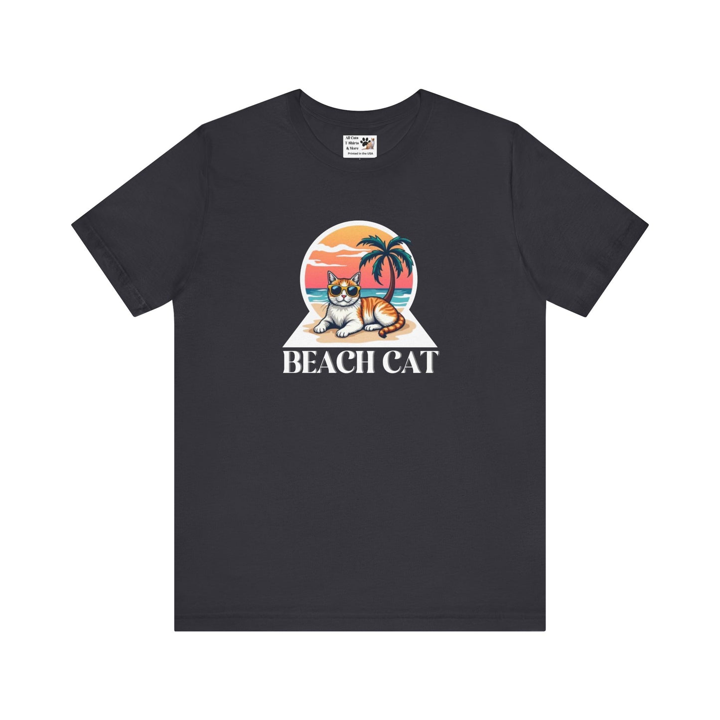 Beach Cat T-Shirt - (Retro Sunset Graphic Tee for Cat Fans)