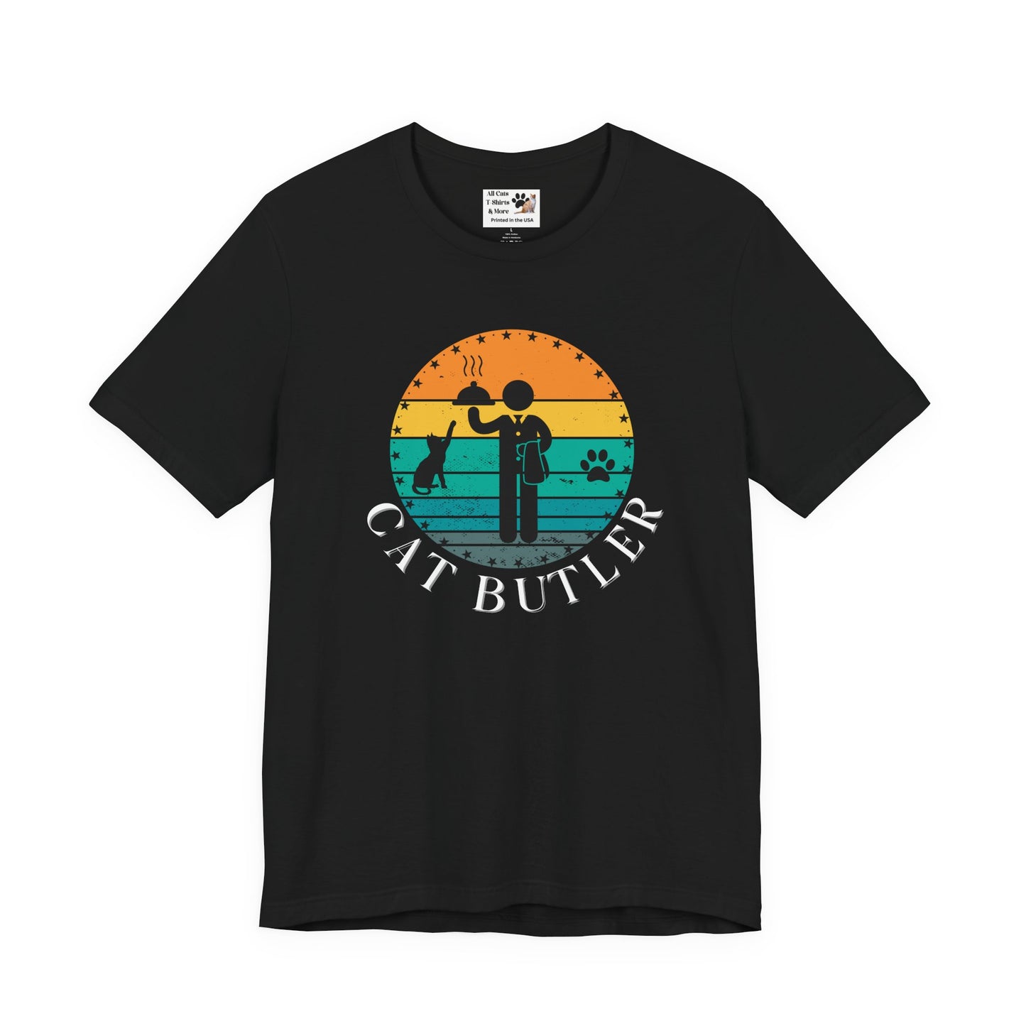 Cat Butler T-Shirt - (A Colorful "Vintage Sunset Style" Design, Unisex Short Sleeve Tee - Perfect for Cat Parents!)