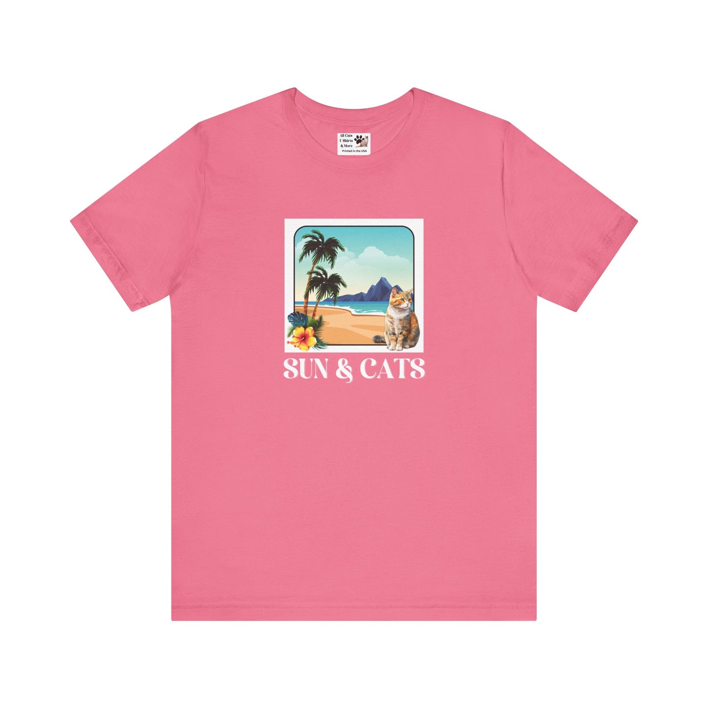 Sun & Cats Beach T-Shirt - (Retro Tropical Cat Graphic Tee for Cat Fans)