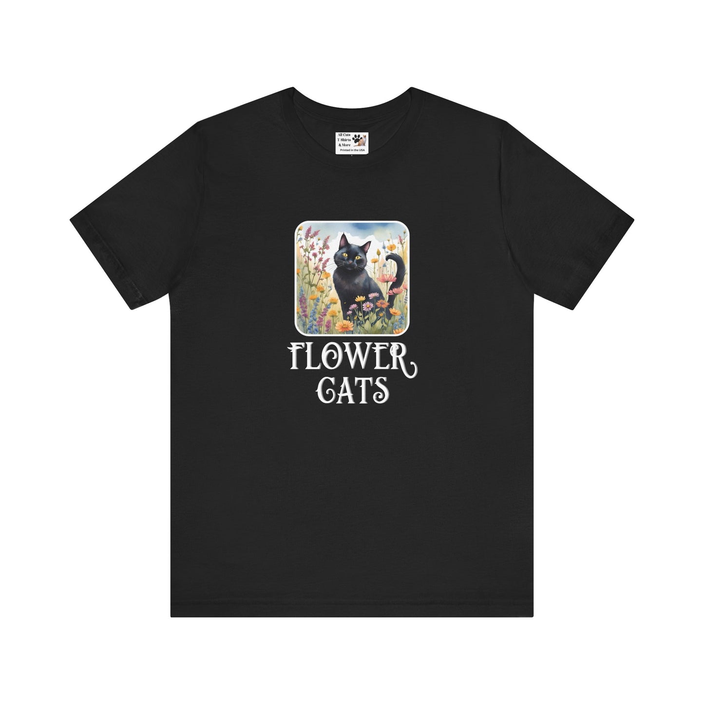 Flower Cats T-Shirt - (Flower Cat Tee #2, Black Cat Garden T-Shirt  - Whimsical Floral Cat Tee for Cat Lovers)