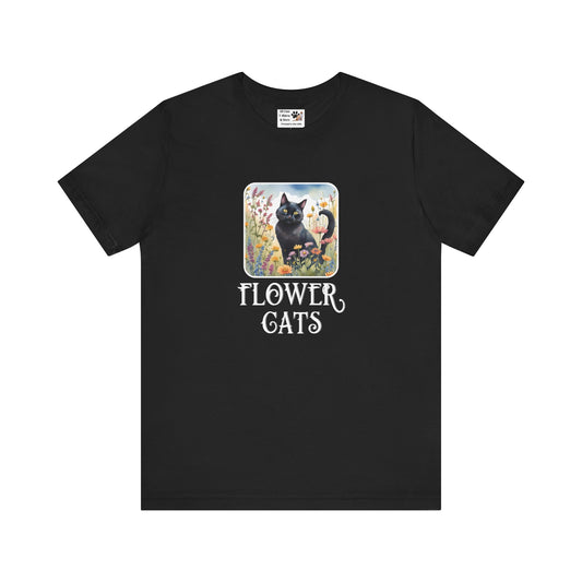 Flower Cats T-Shirt - (Flower Cat Tee #2, Black Cat Garden T-Shirt  - Whimsical Floral Cat Tee for Cat Lovers)