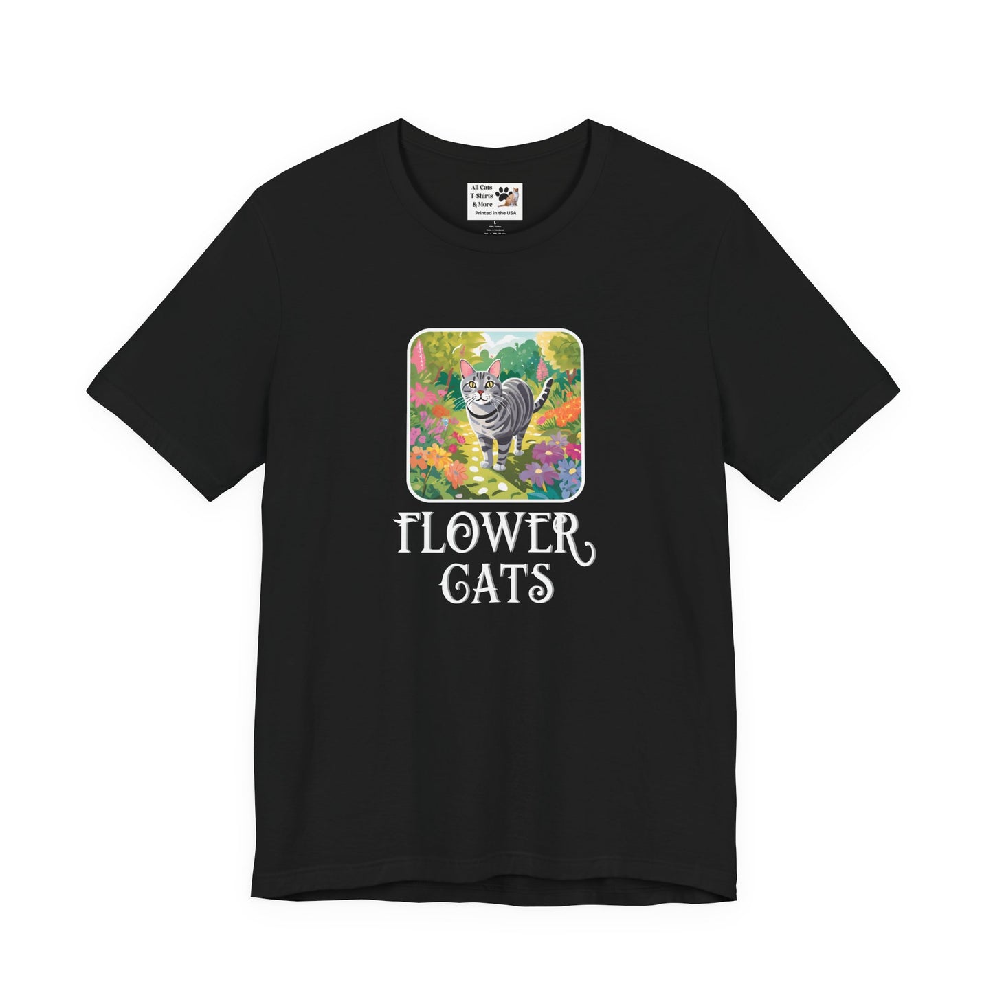 Flower Cats T-Shirts - (Flower Cats Tee #4, Cat in Wildflower Garden T-Shirt, Cat Mom Tee)